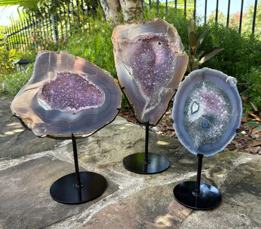 💜 Bluish Gray Agate Druzy Crystal Slice on Stand – Grounding, Clarity & Protection - You Pick