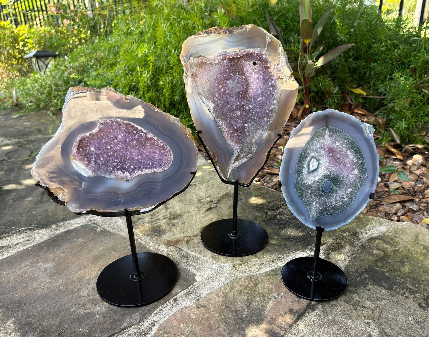 💜 Bluish Gray Agate Druzy Crystal Slice on Stand – Grounding, Clarity & Protection - You Pick