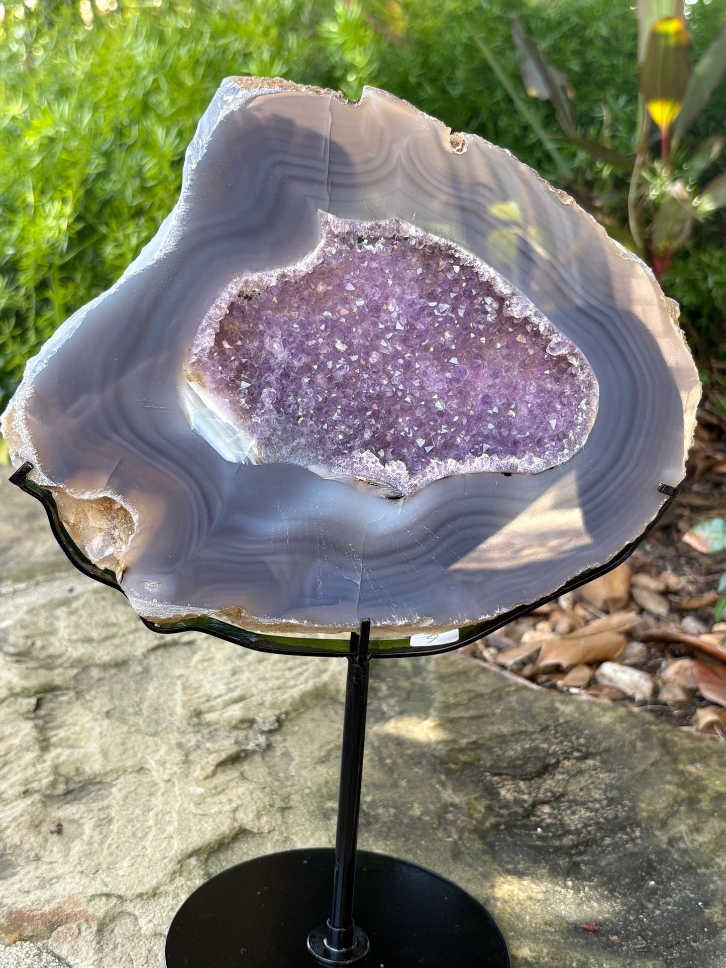 💜 Bluish Gray Agate Druzy Crystal Slice on Stand – Grounding, Clarity & Protection - You Pick