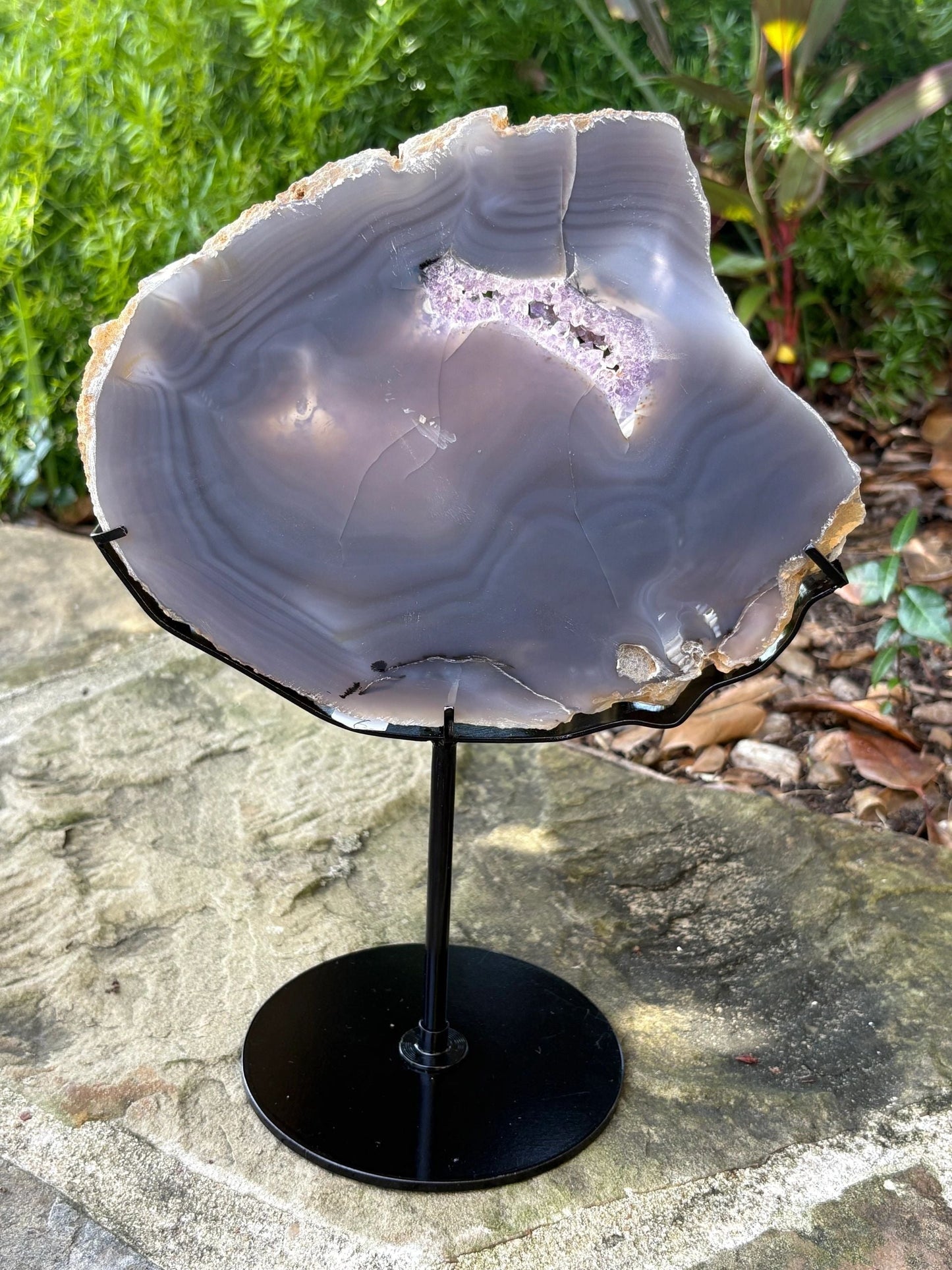 💜 Bluish Gray Agate Druzy Crystal Slice on Stand – Grounding, Clarity & Protection - You Pick