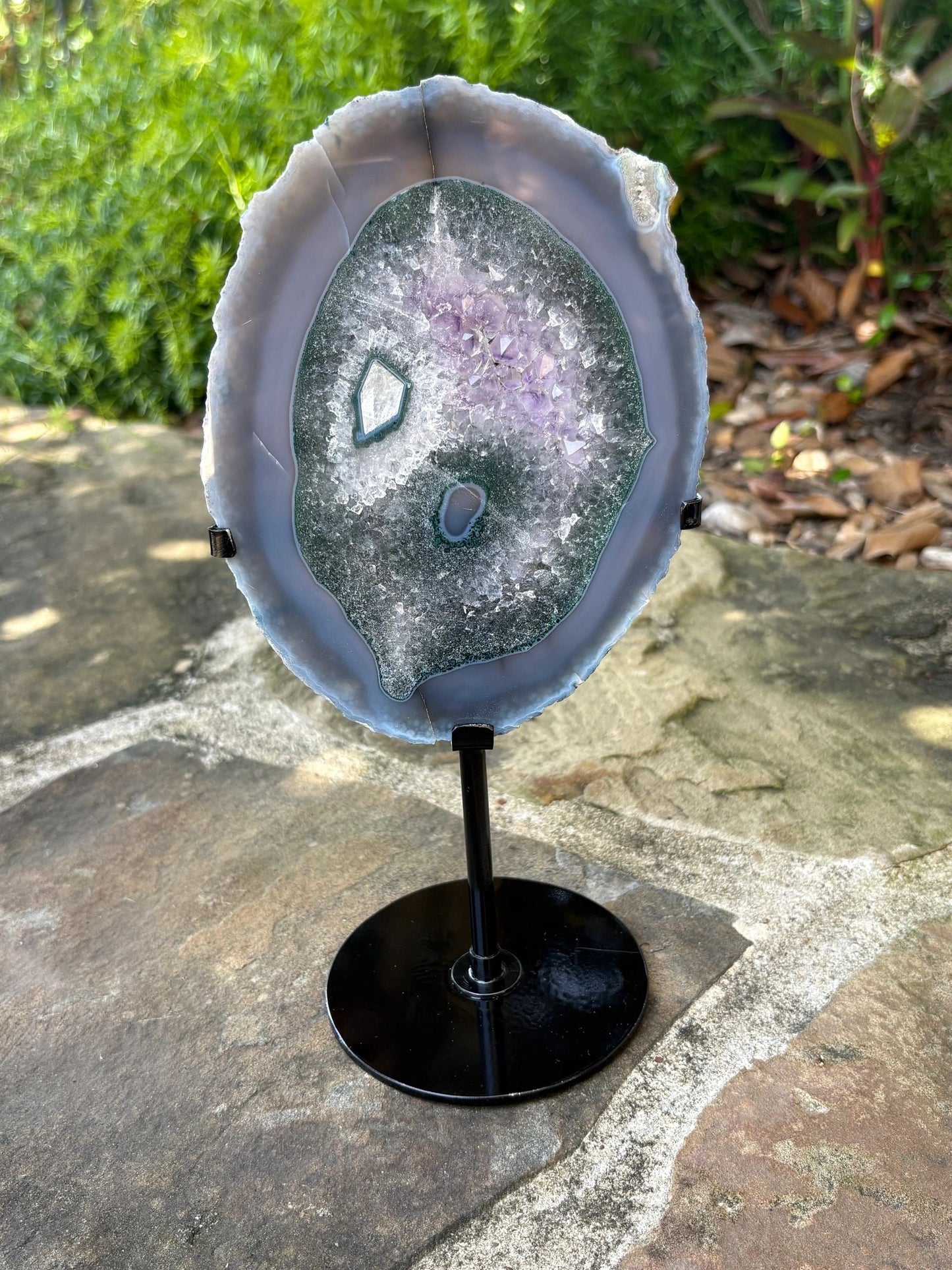 💜 Bluish Gray Agate Druzy Crystal Slice on Stand – Grounding, Clarity & Protection - You Pick