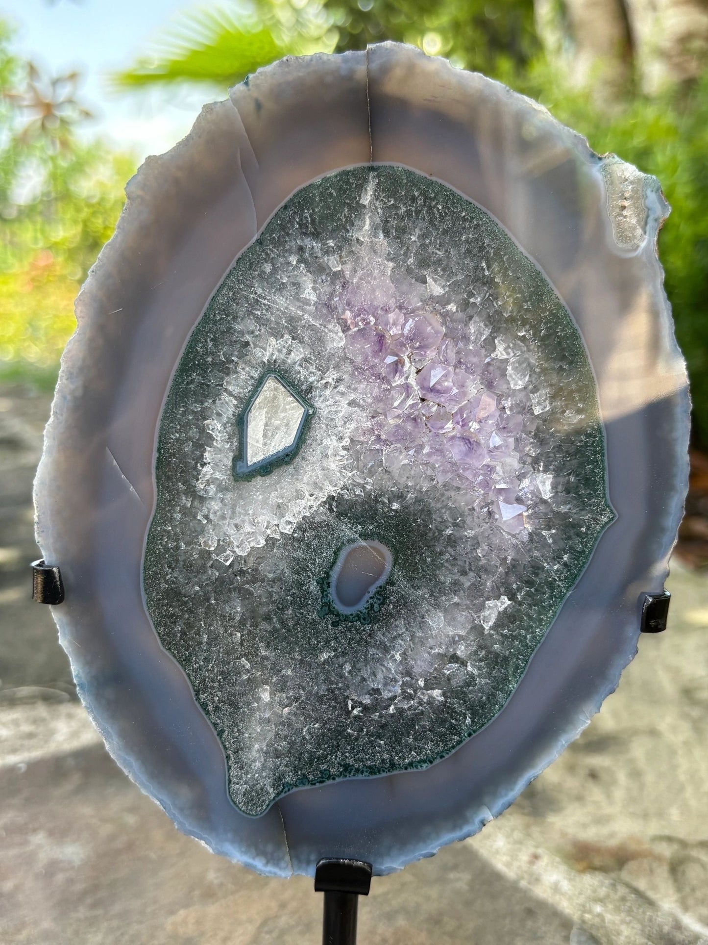 💜 Bluish Gray Agate Druzy Crystal Slice on Stand – Grounding, Clarity & Protection - You Pick