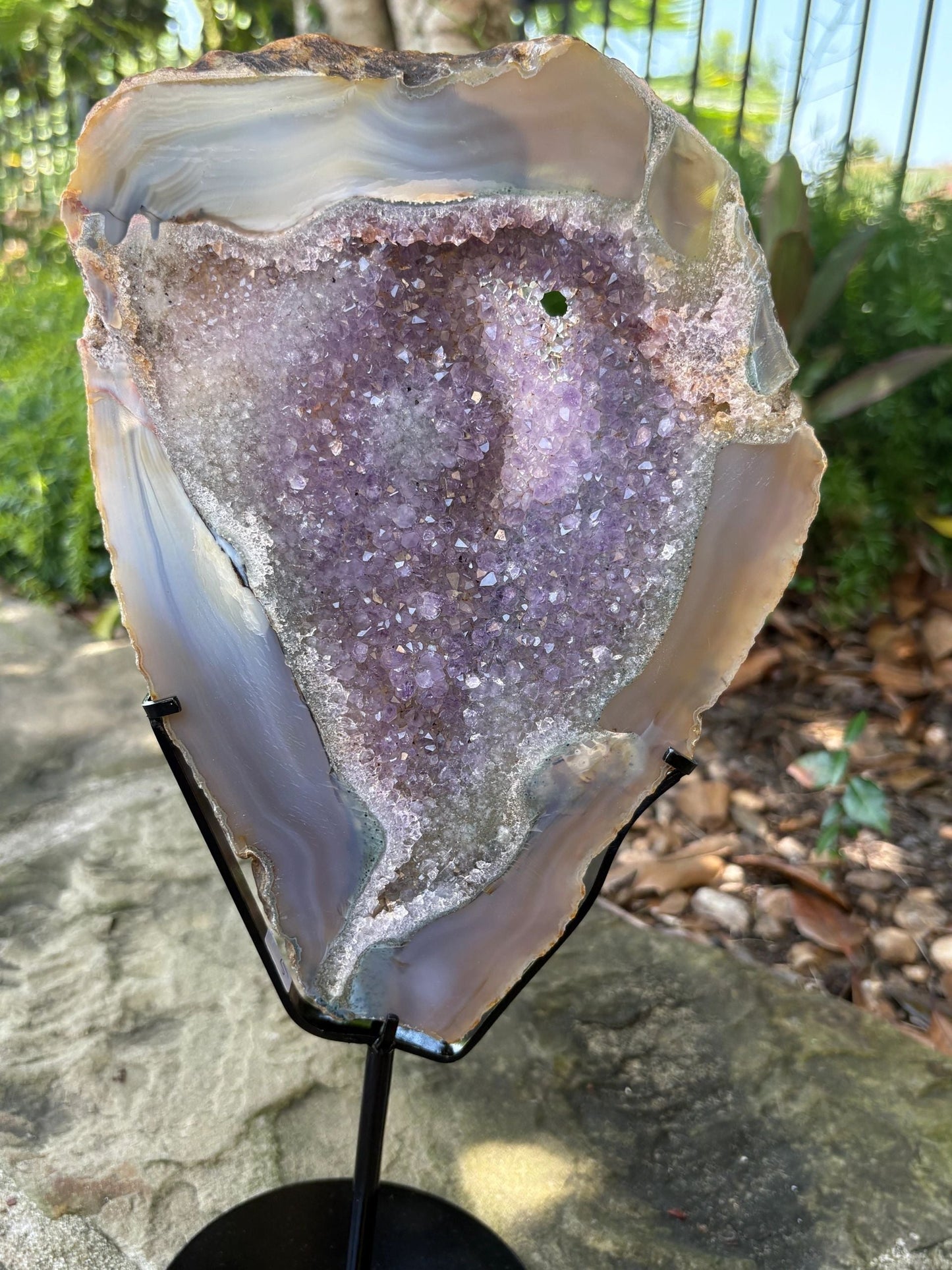 💜 Bluish Gray Agate Druzy Crystal Slice on Stand – Grounding, Clarity & Protection - You Pick