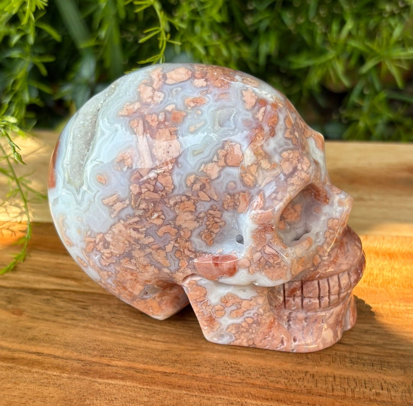 💀 Petal Agate Skull – Crown Activation • Third Eye Vision • Ancestral Spark Code: PPA1 | Approx. 4.1" x 2.6" x 3.2" | Weight: 1.62 lbs.