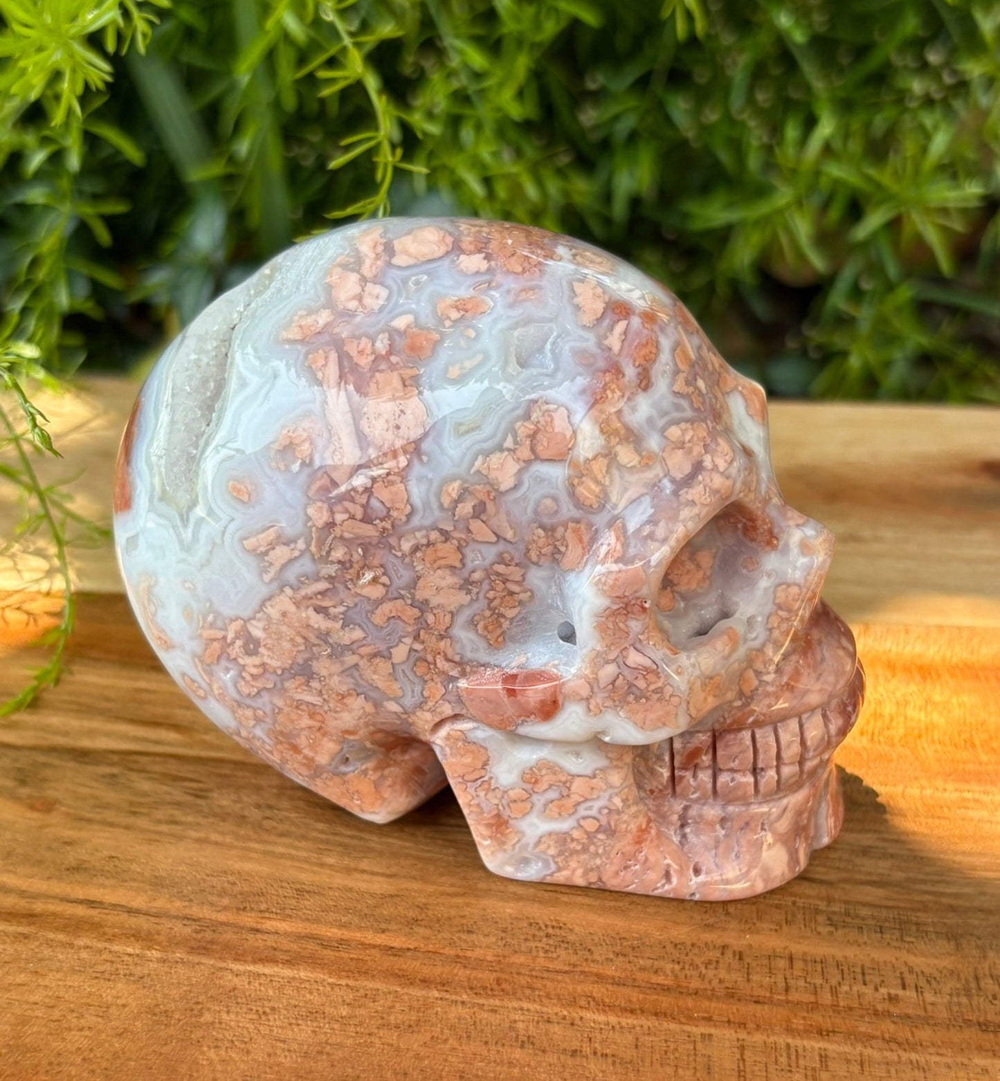 💀 Petal Agate Skull – Crown Activation • Third Eye Vision • Ancestral Spark Code: PPA1 | Approx. 4.1" x 2.6" x 3.2" | Weight: 1.62 lbs.