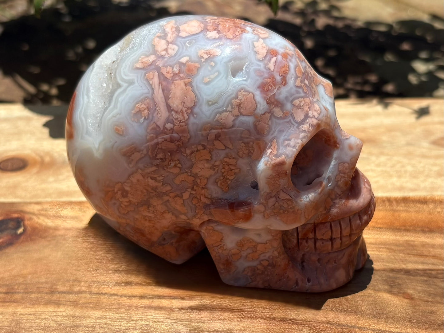💀 Petal Agate Skull – Crown Activation • Third Eye Vision • Ancestral Spark Code: PPA1 | Approx. 4.1" x 2.6" x 3.2" | Weight: 1.62 lbs.