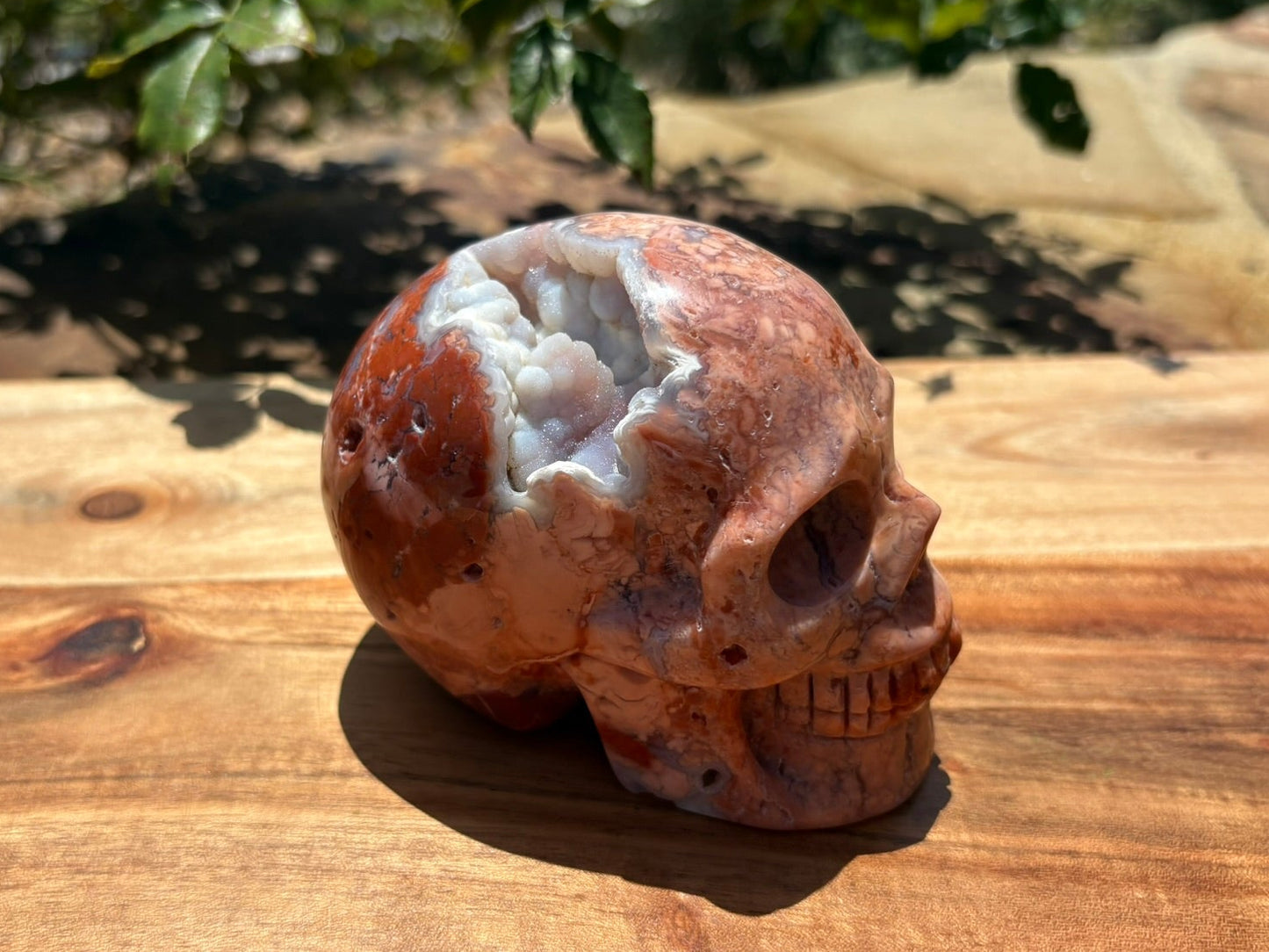💀 Pink Petal Agate Skull with Druzy Crown – Grounded Joy, Ancient Wisdom & Spiraled Sparkle 1.58 lbs | 4" x 2.5" x 3.1" | Code: PA2
