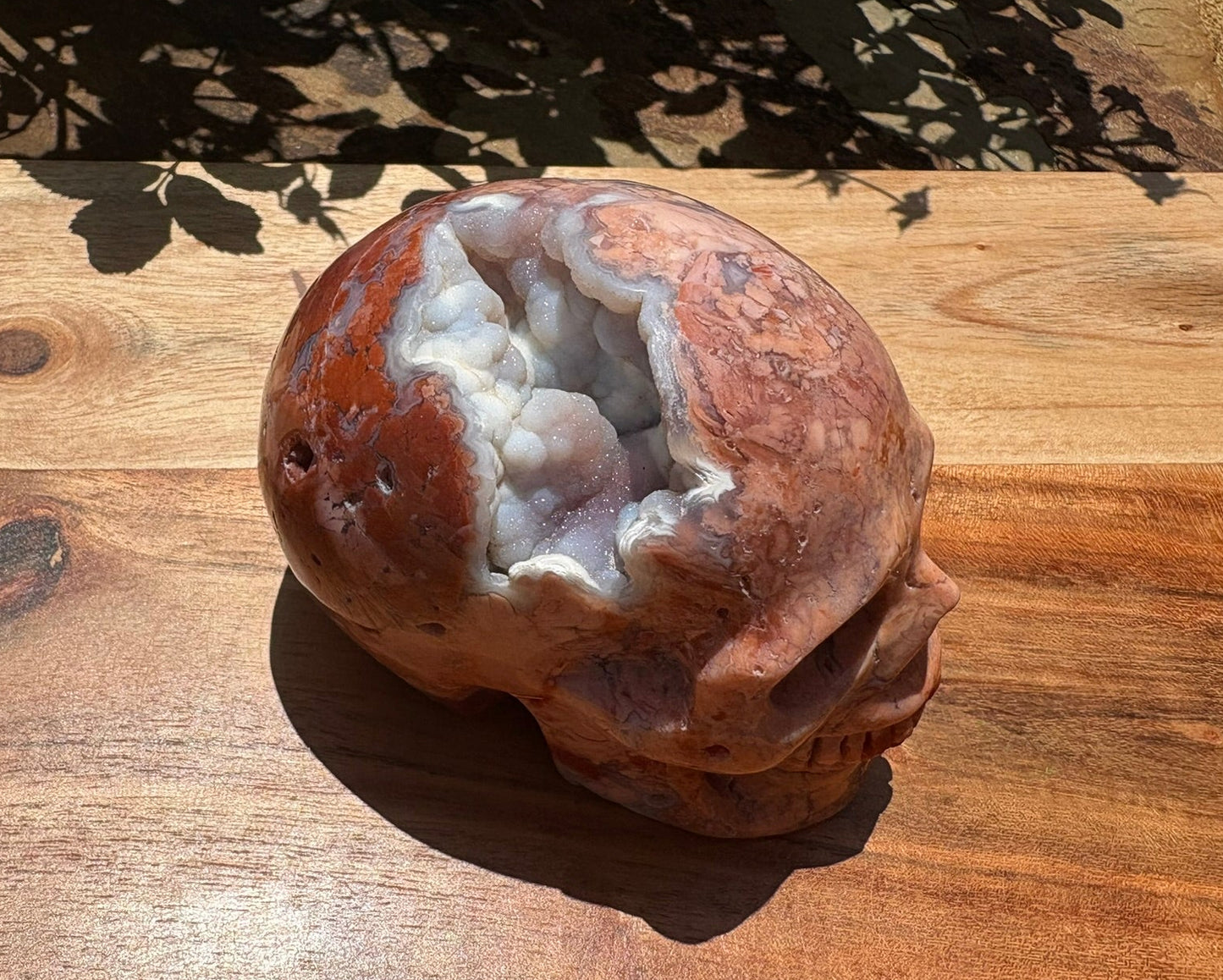 💀 Pink Petal Agate Skull with Druzy Crown – Grounded Joy, Ancient Wisdom & Spiraled Sparkle 1.58 lbs | 4" x 2.5" x 3.1" | Code: PA2
