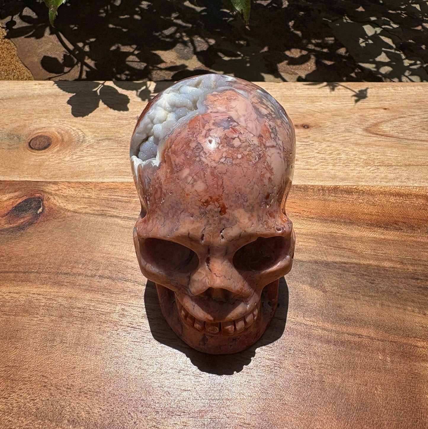 💀 Pink Petal Agate Skull with Druzy Crown – Grounded Joy, Ancient Wisdom & Spiraled Sparkle 1.58 lbs | 4" x 2.5" x 3.1" | Code: PA2
