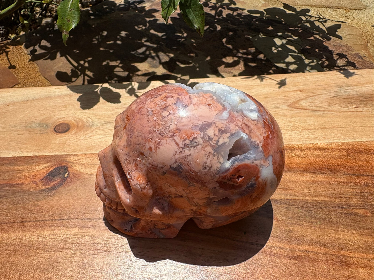 💀 Pink Petal Agate Skull with Druzy Crown – Grounded Joy, Ancient Wisdom & Spiraled Sparkle 1.58 lbs | 4" x 2.5" x 3.1" | Code: PA2