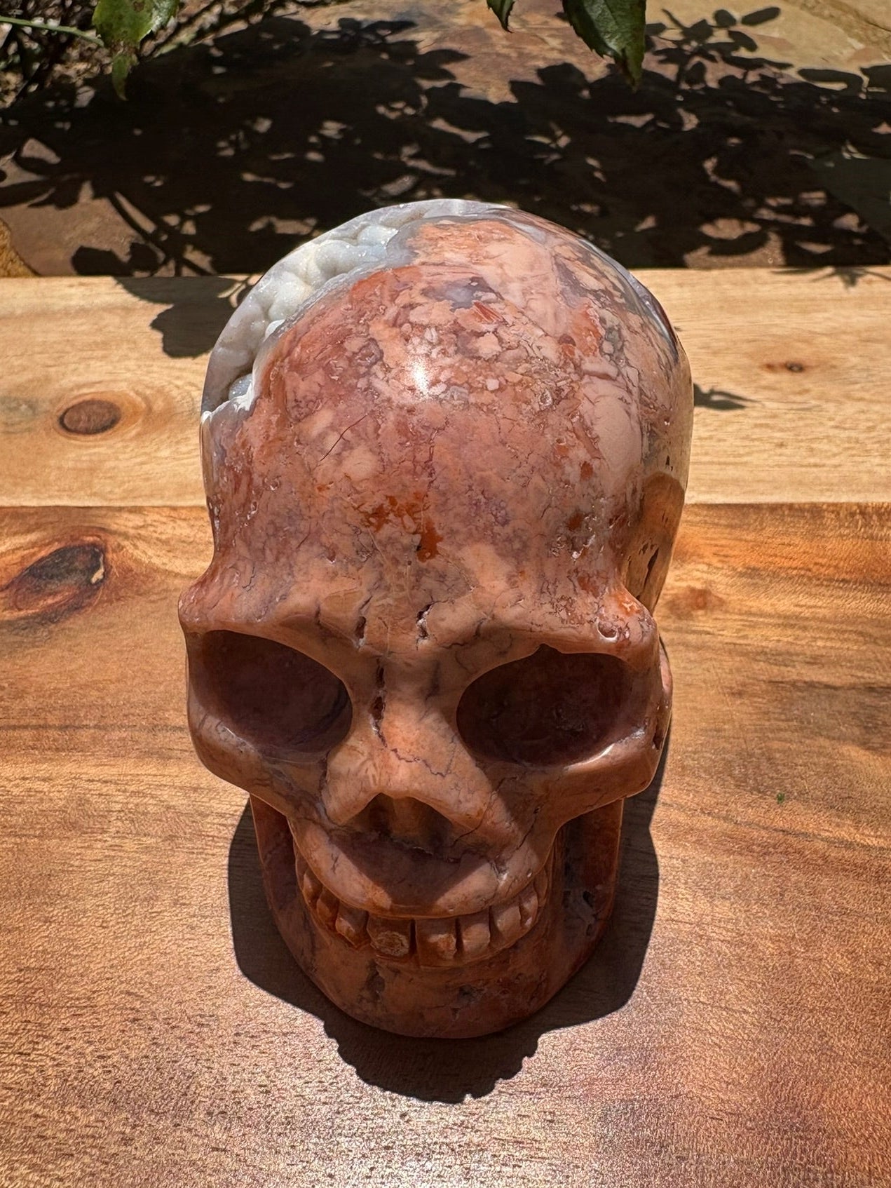 💀 Pink Petal Agate Skull with Druzy Crown – Grounded Joy, Ancient Wisdom & Spiraled Sparkle 1.58 lbs | 4" x 2.5" x 3.1" | Code: PA2