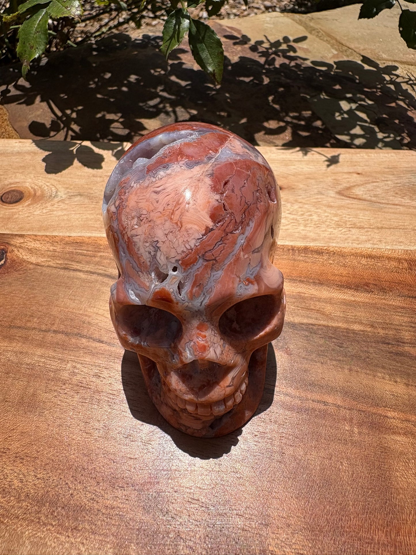 💀 Pink Petal Agate Skull with Druzy Crown – Grounded Joy, Ancient Wisdom & Spiraled Sparkle 1.65 lbs. | 4" x 2.5" x 3" |