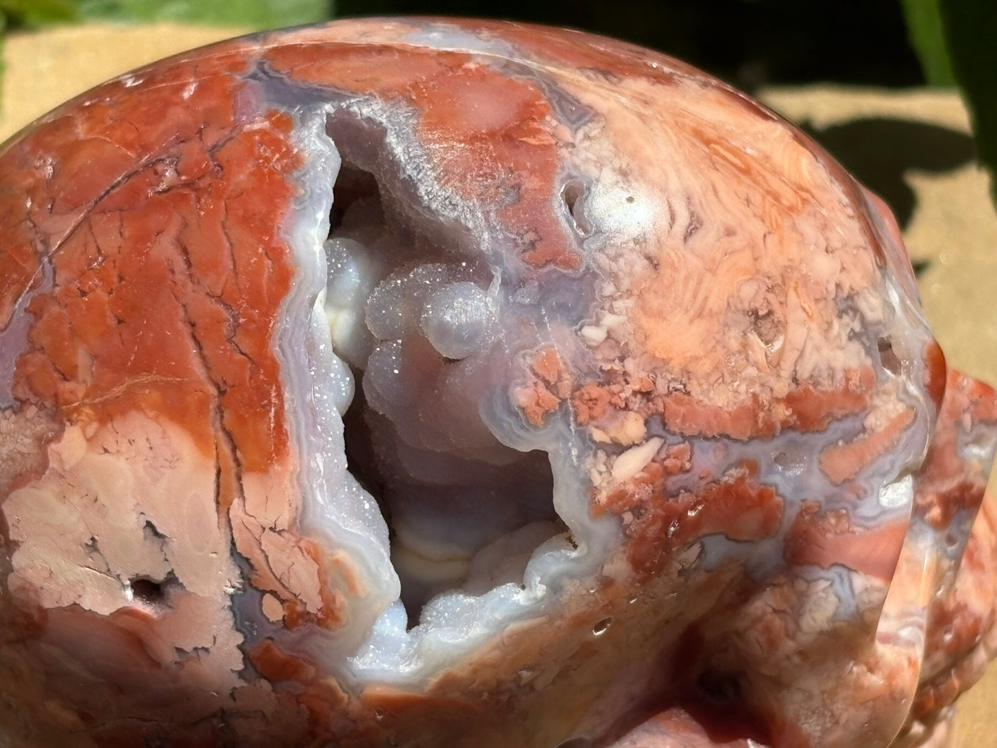 💀 Pink Petal Agate Skull with Druzy Crown – Grounded Joy, Ancient Wisdom & Spiraled Sparkle 1.65 lbs. | 4" x 2.5" x 3" |