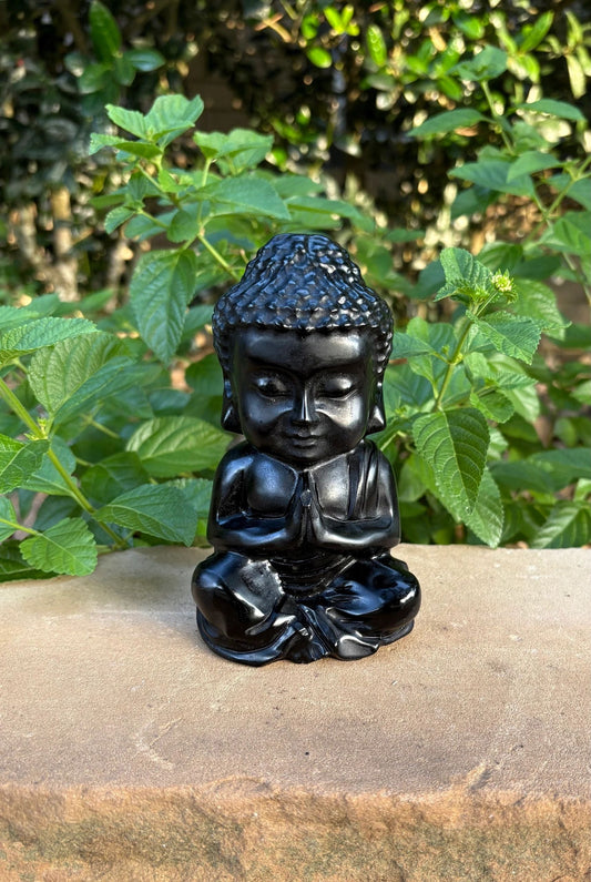 🖤 Black Obsidian Buddha Statue – Protection, Grounding & Spiritual Strength | 6" Carved Crystal