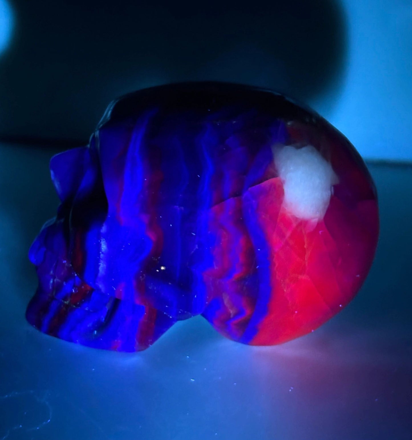 Ultra Violet UV Carved Fluorescent Crystal Rainbow Flourite Skull | Visionary Focus | Emotional Balance & Fluorescent Magic