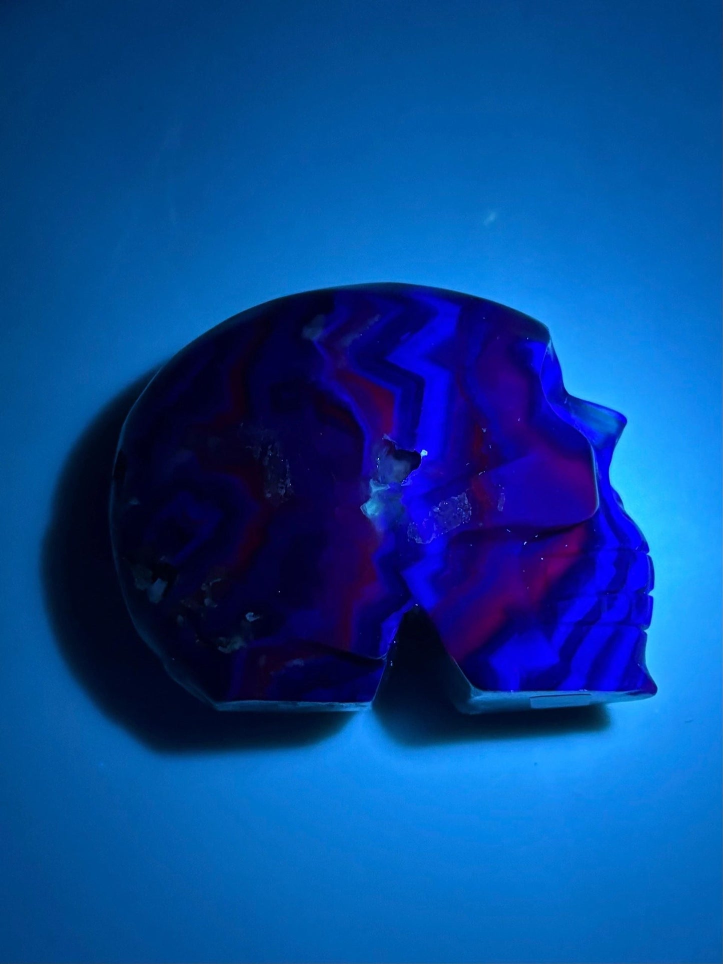 Rainbow Fluorite Fluorescent UV Carved Crystal Skull – Focus, Intuition, Aura Cleanse