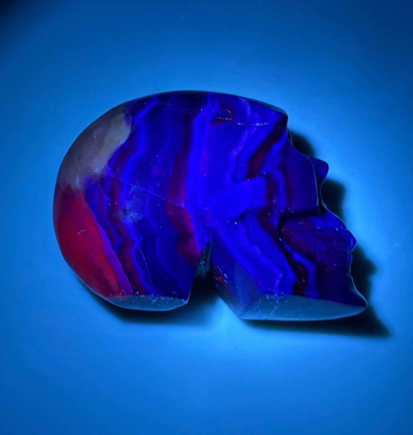Ultra Violet UV Carved Fluorescent Crystal Rainbow Flourite Skull | Visionary Focus | Emotional Balance & Fluorescent Magic