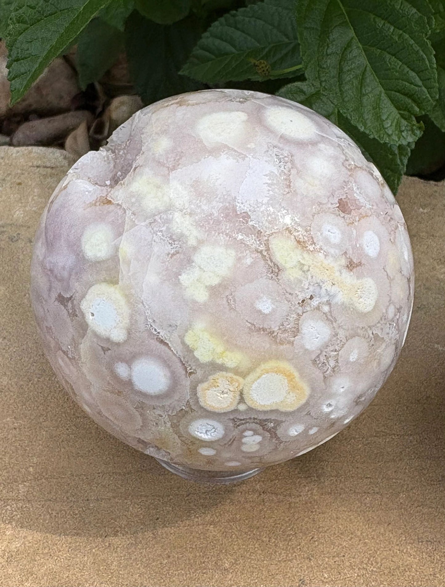 “Crack-a-Licious” Flower Agate Sphere Perfectly Imperfect | Character, Cosmic Quirks & Sparkly Surprises