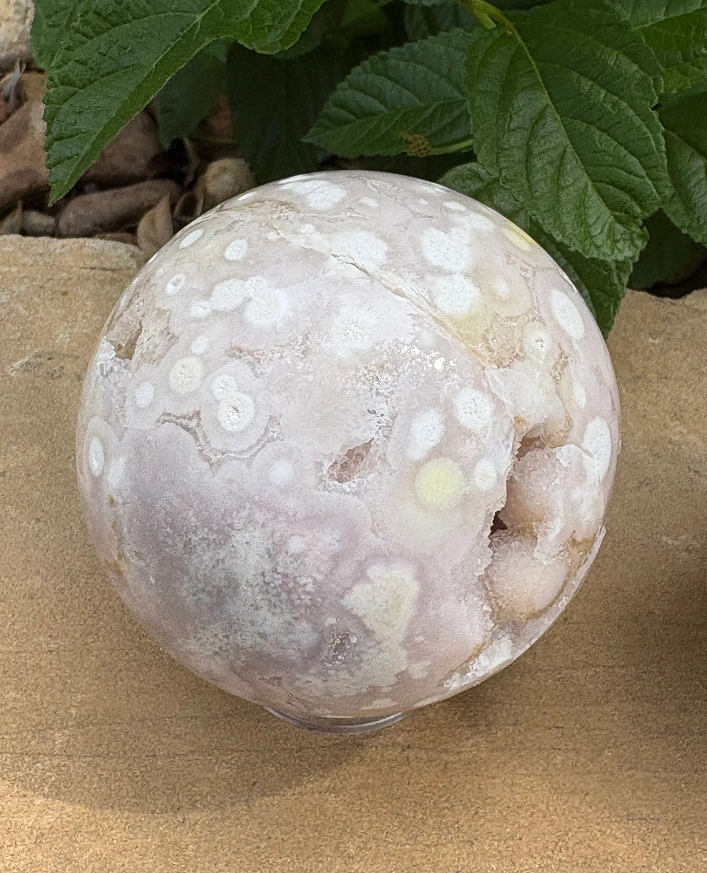 “Crack-a-Licious” Flower Agate Sphere Perfectly Imperfect | Character, Cosmic Quirks & Sparkly Surprises