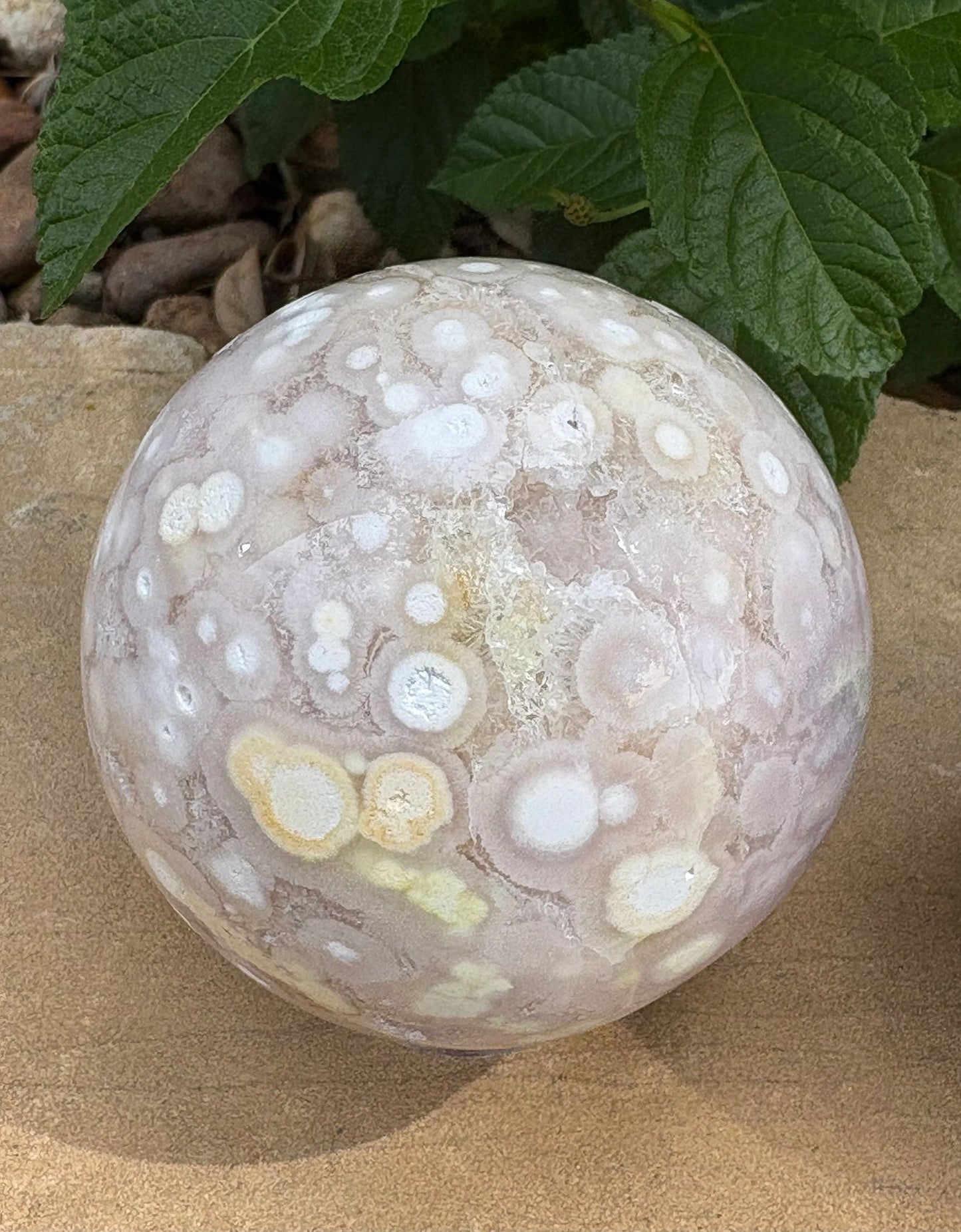 “Crack-a-Licious” Flower Agate Sphere Perfectly Imperfect | Character, Cosmic Quirks & Sparkly Surprises