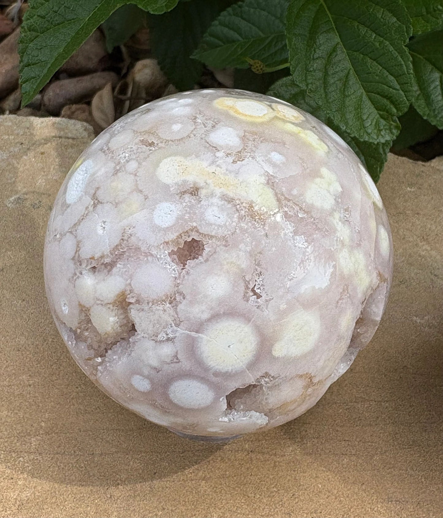 “Crack-a-Licious” Flower Agate Sphere Perfectly Imperfect | Character, Cosmic Quirks & Sparkly Surprises