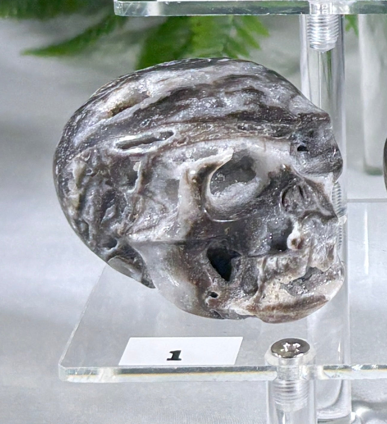 A set of carved stone skulls displayed on a three-tier clear acrylic stand against a background of green foliage.