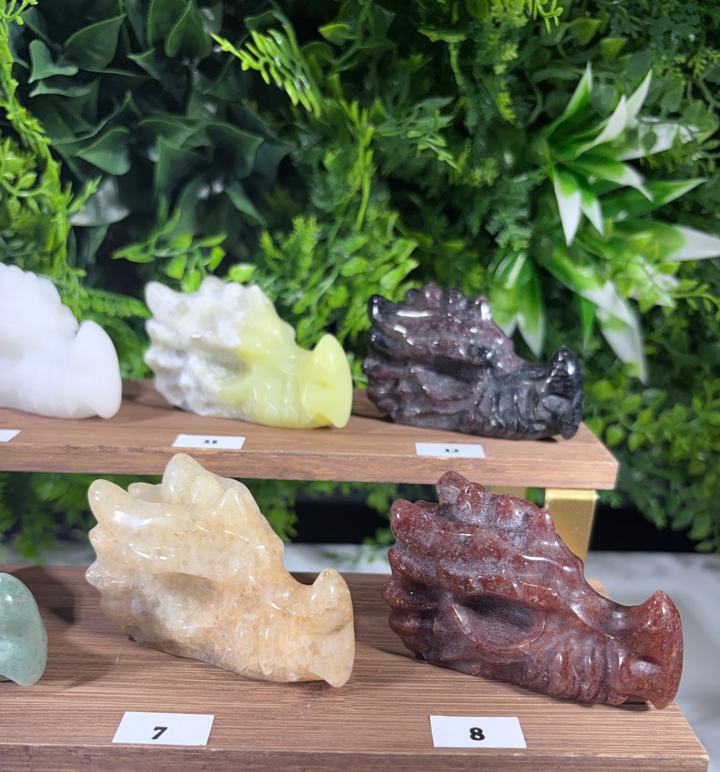 A display of carved stone dragon heads sitting on wooden stands, with green foliage in the background. The figurines include dark gray, reddish-brown, pale yellow, and mint green stones, each with a small white numbered label.