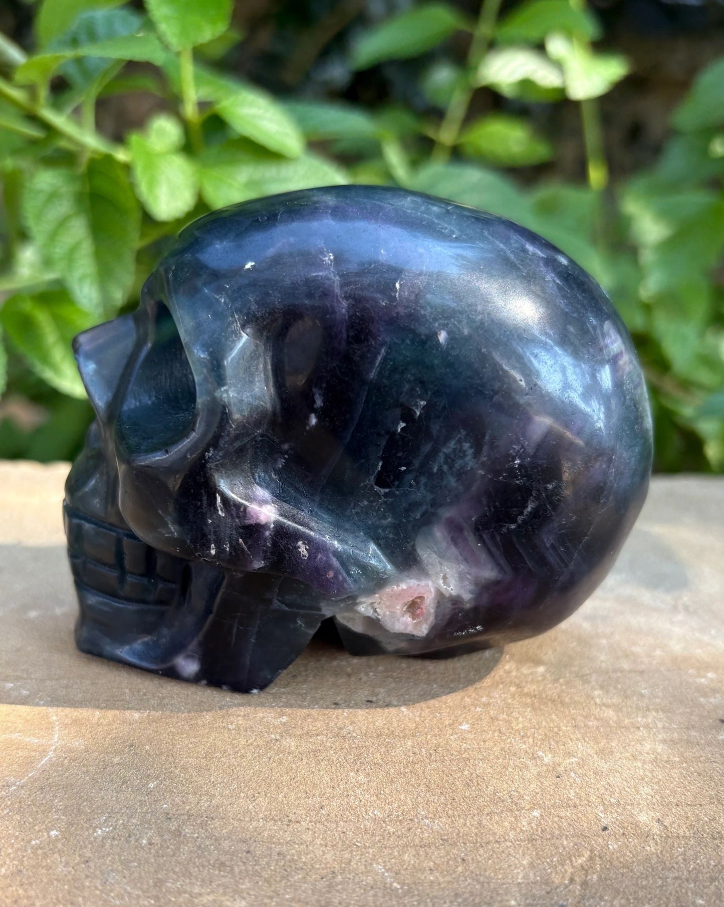 Rainbow Fluorite Fluorescent UV Carved Crystal Skull – Focus, Intuition, Aura Cleanse