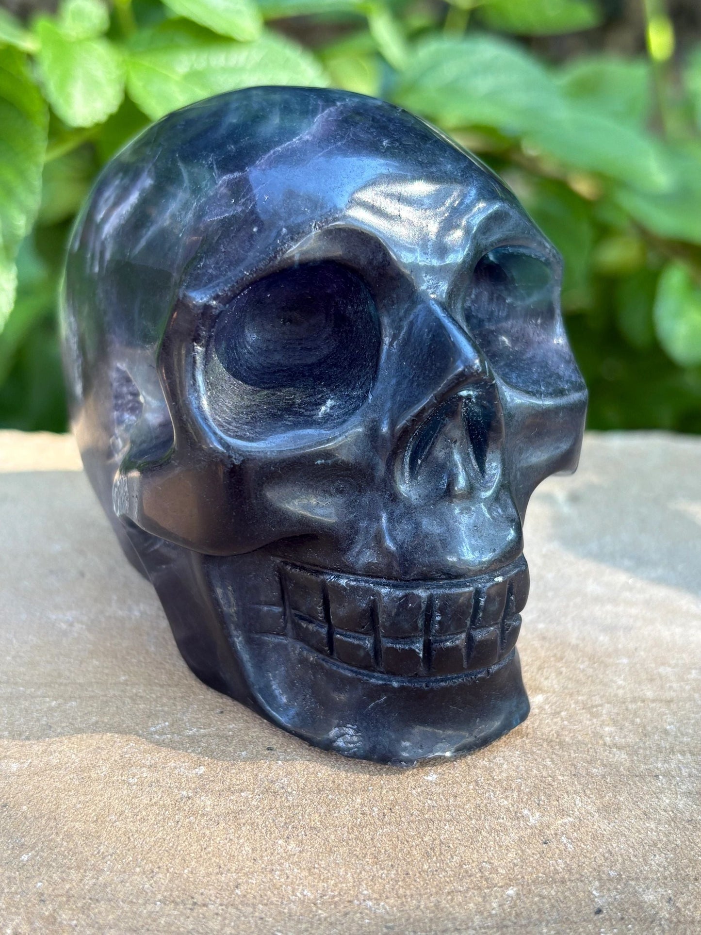 Rainbow Fluorite Fluorescent UV Carved Crystal Skull – Focus, Intuition, Aura Cleanse