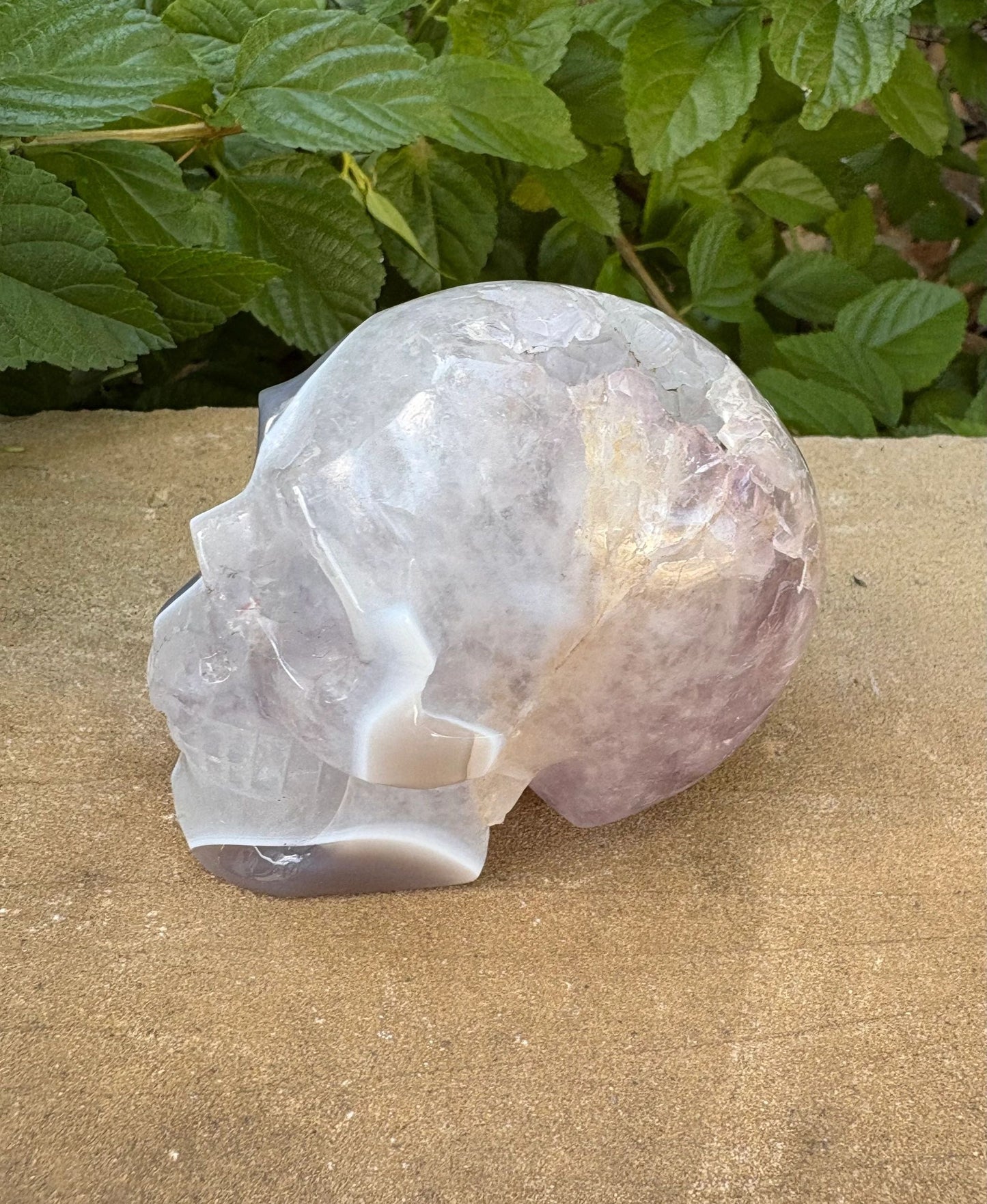 ⚡ Duality Crystal Skull – Grey Agate & Quartz with Cavern Crown + Amethyst Streak | 15.36 oz.