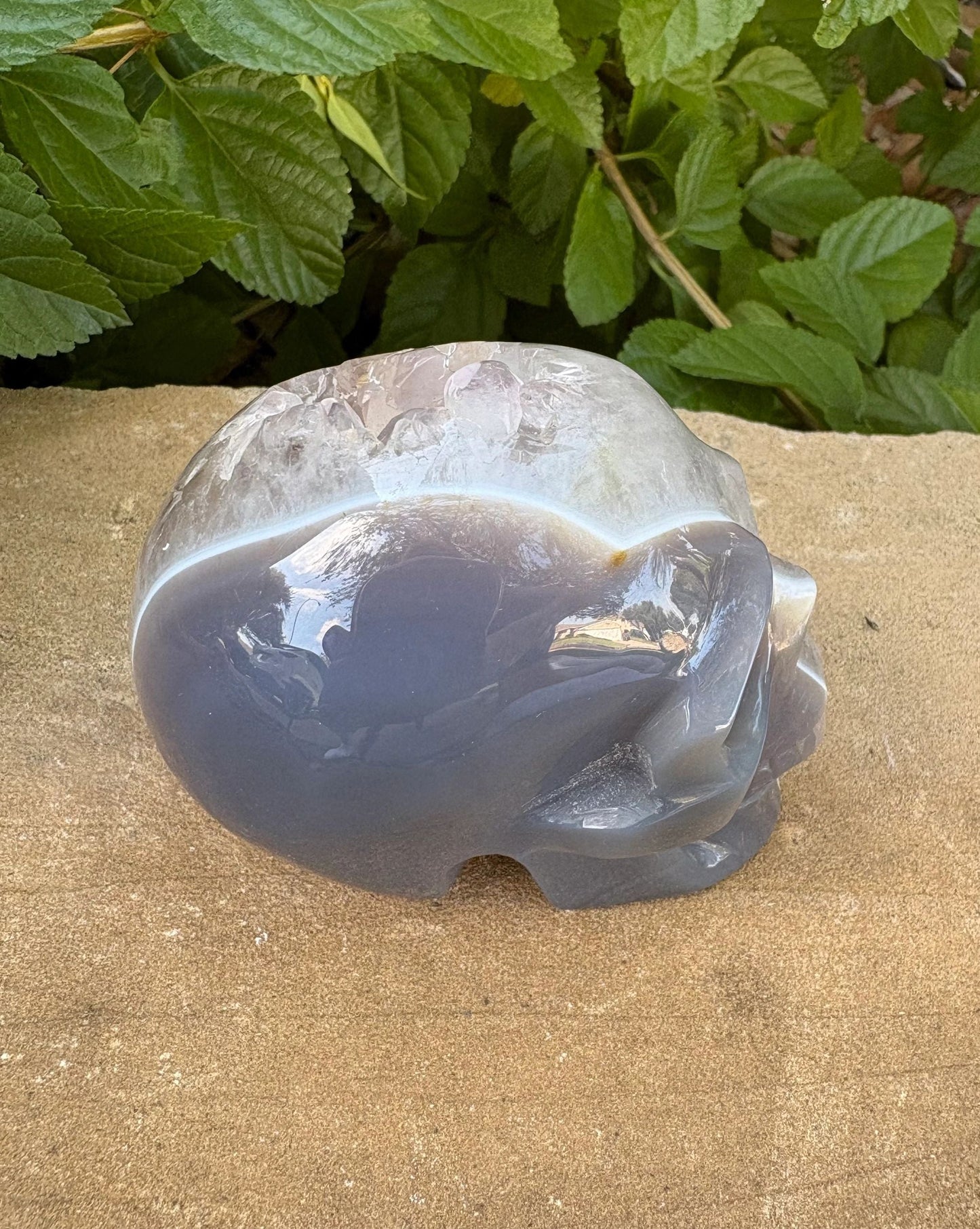 ⚡ Duality Crystal Skull – Grey Agate & Quartz with Cavern Crown + Amethyst Streak | 15.36 oz.