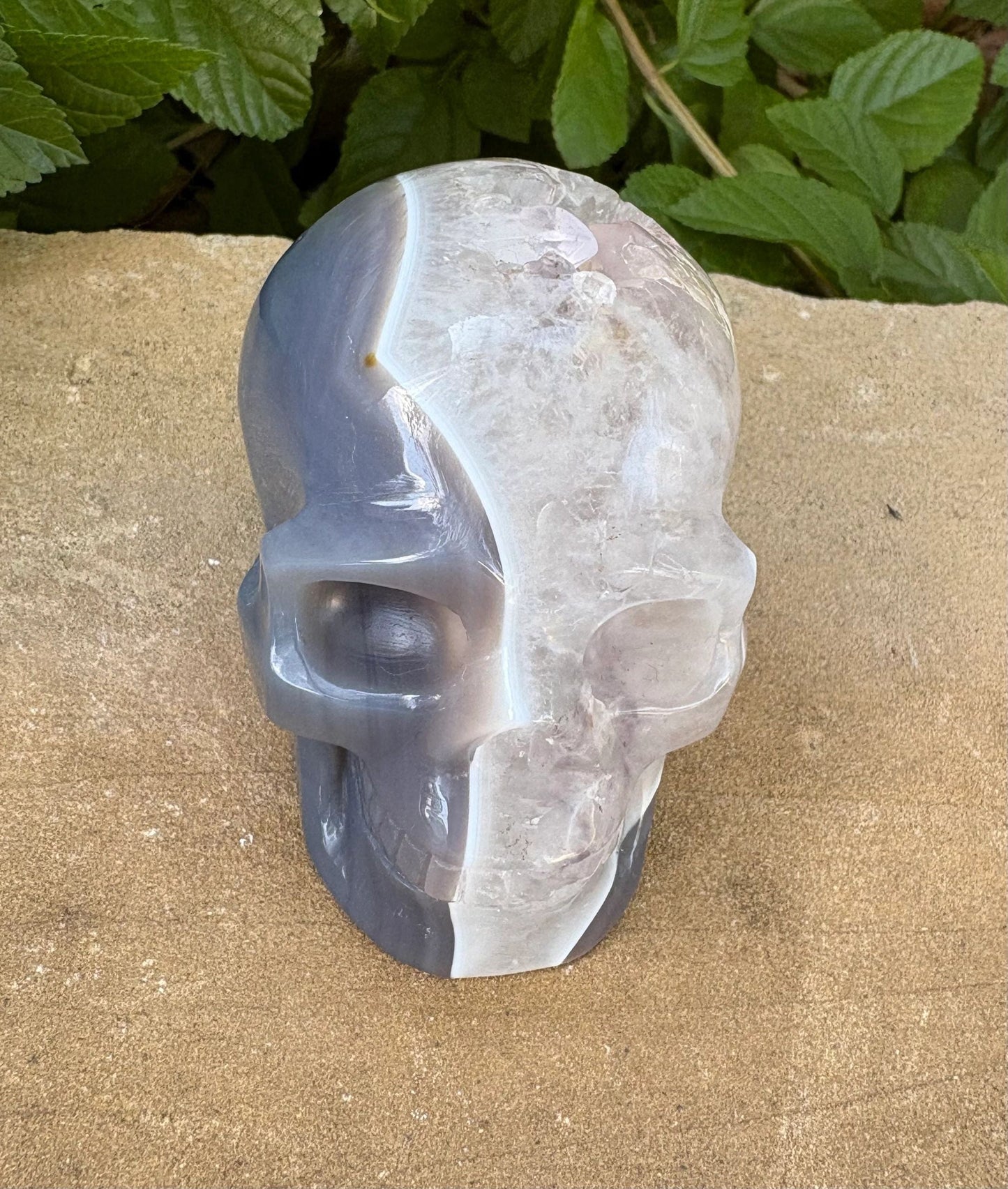 ⚡ Duality Crystal Skull – Grey Agate & Quartz with Cavern Crown + Amethyst Streak | 15.36 oz.