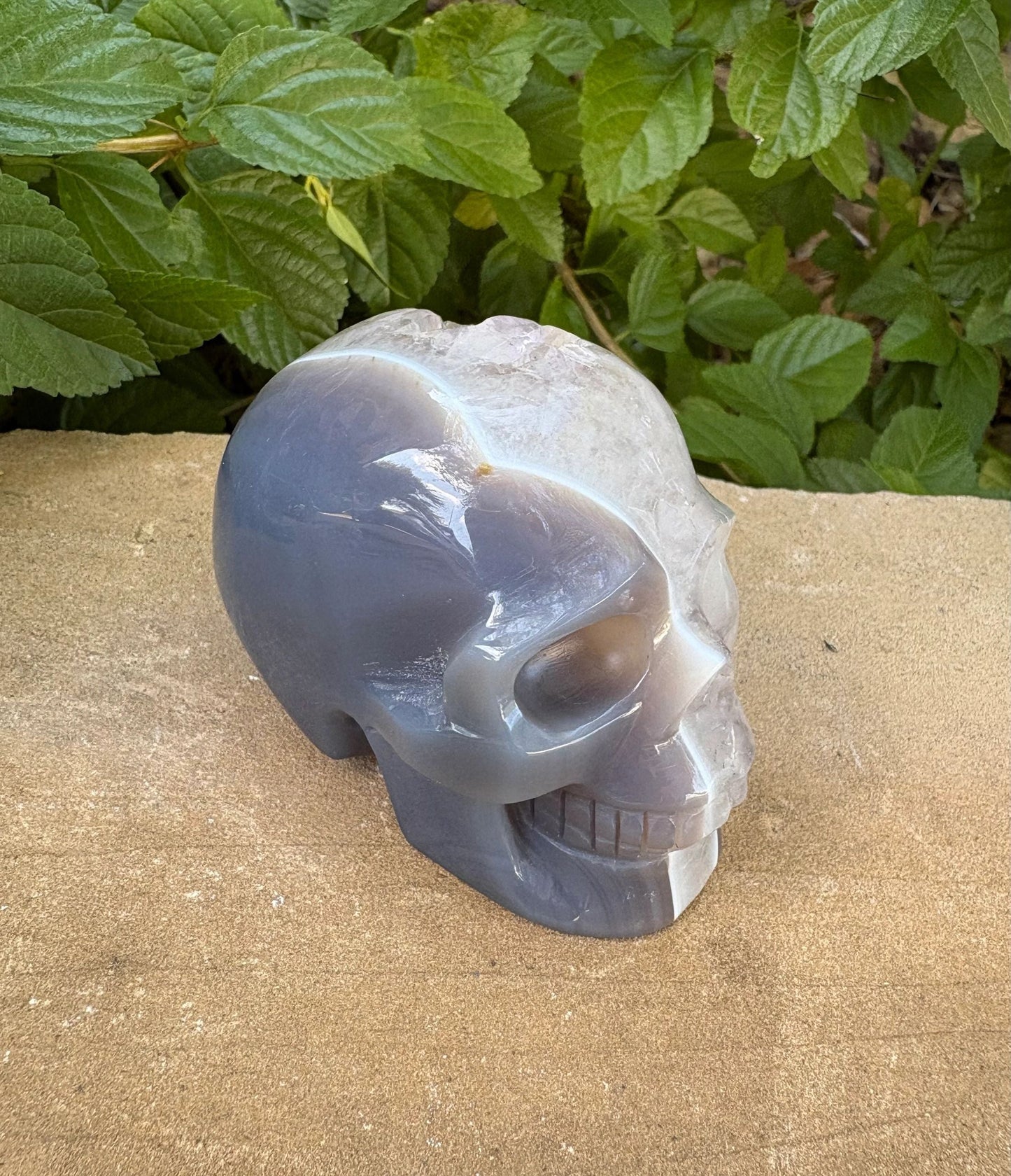 ⚡ Duality Crystal Skull – Grey Agate & Quartz with Cavern Crown + Amethyst Streak | 15.36 oz.