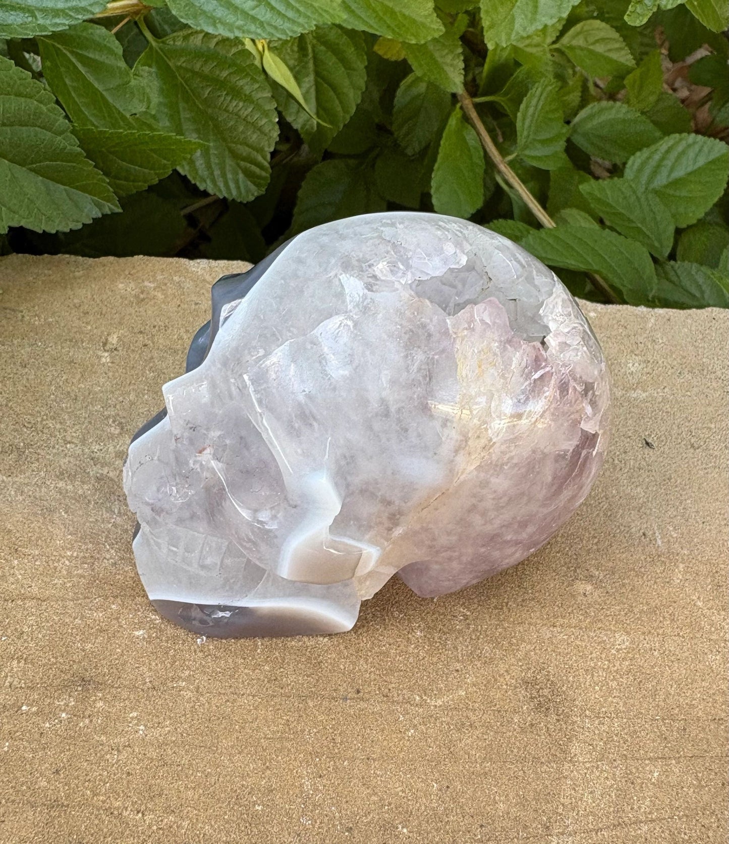 ⚡ Duality Crystal Skull – Grey Agate & Quartz with Cavern Crown + Amethyst Streak | 15.36 oz.