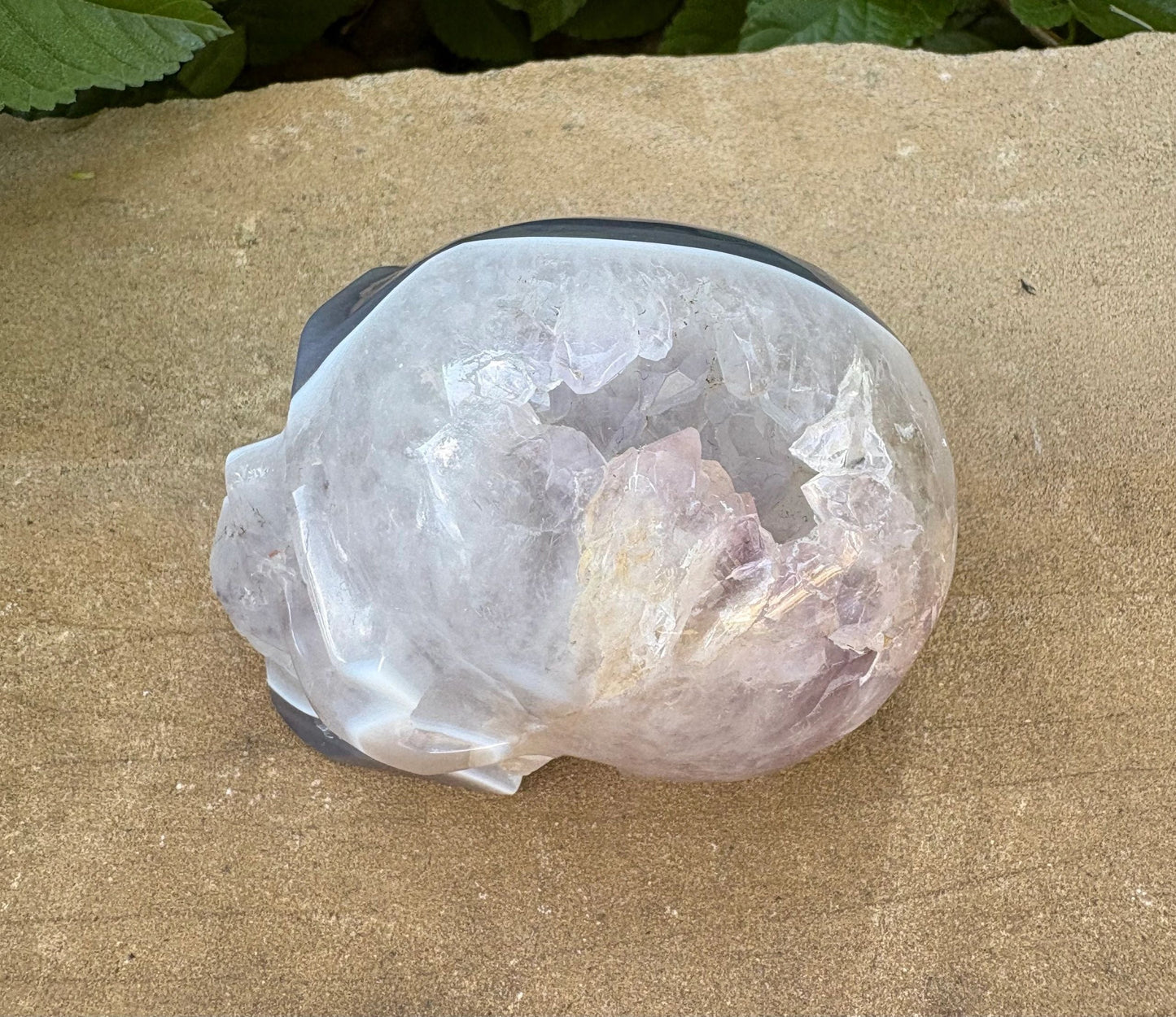 ⚡ Duality Crystal Skull – Grey Agate & Quartz with Cavern Crown + Amethyst Streak | 15.36 oz.