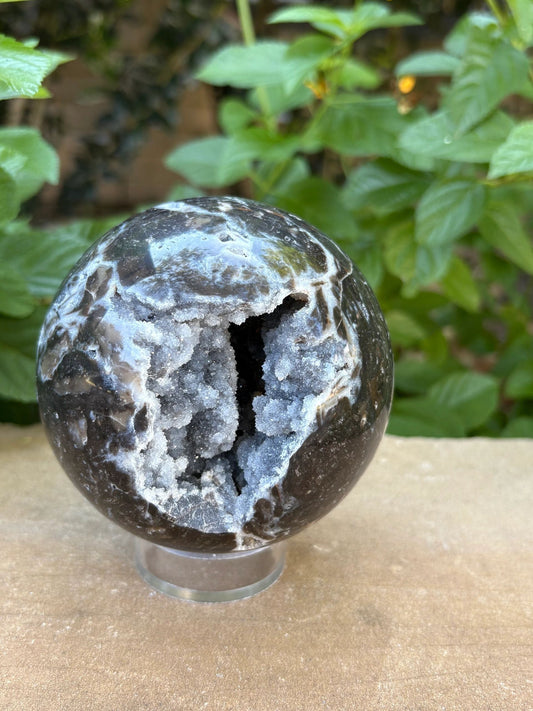💎 2.35 lbs. Sphalerite Sphere with Sparkling Blue-Grey Druzy – Grounding, Transformation & Cosmic Glow Balance | Energy | Protection