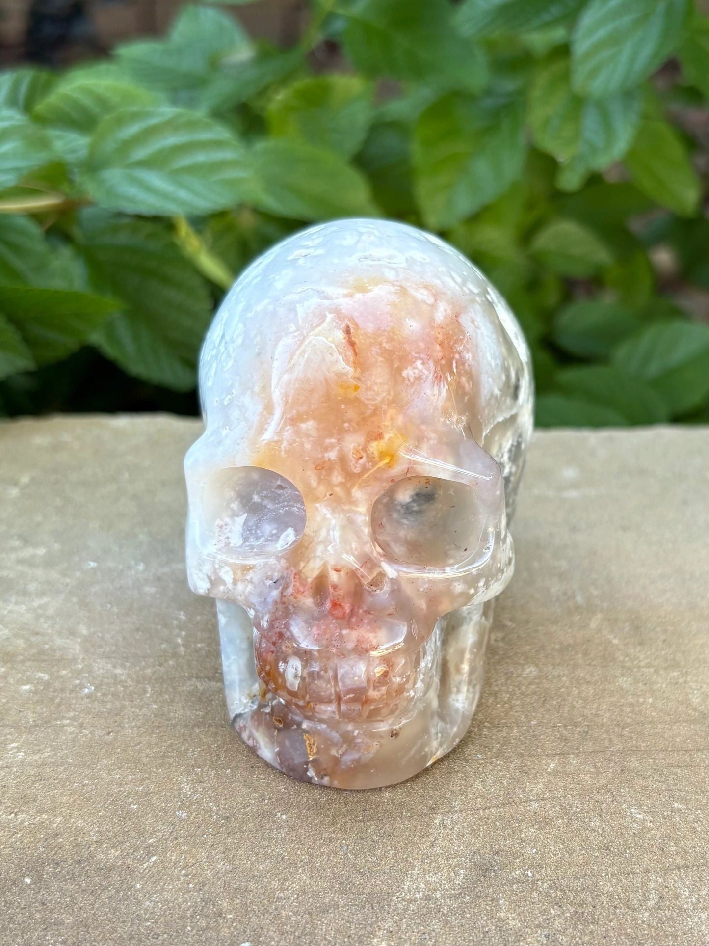 ⚡ 1.18 lb. Translucent Agate Skull with Fiery Streak – Uniquely Earthy & Fierce