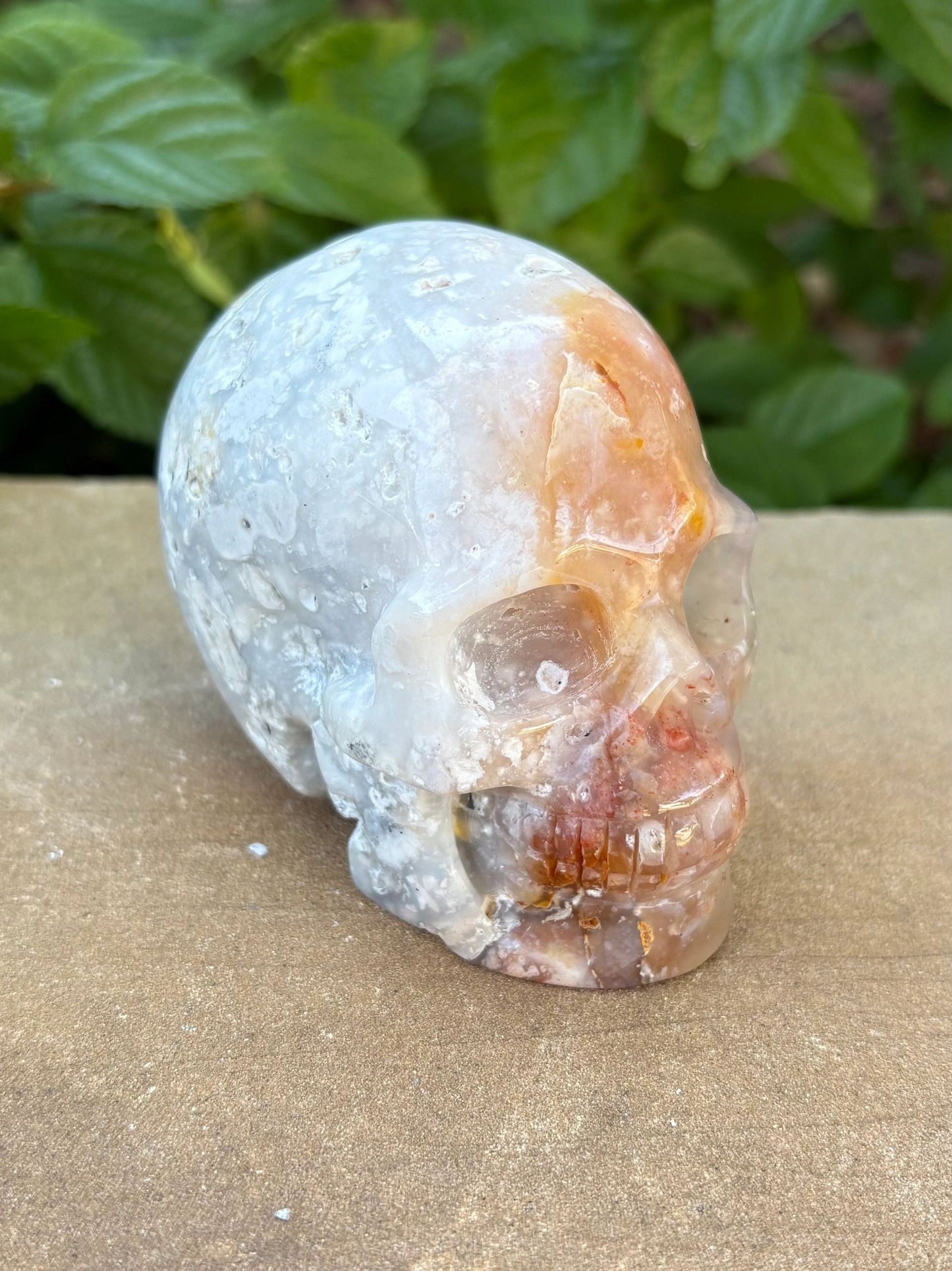 ⚡ 1.18 lb. Translucent Agate Skull with Fiery Streak – Uniquely Earthy & Fierce
