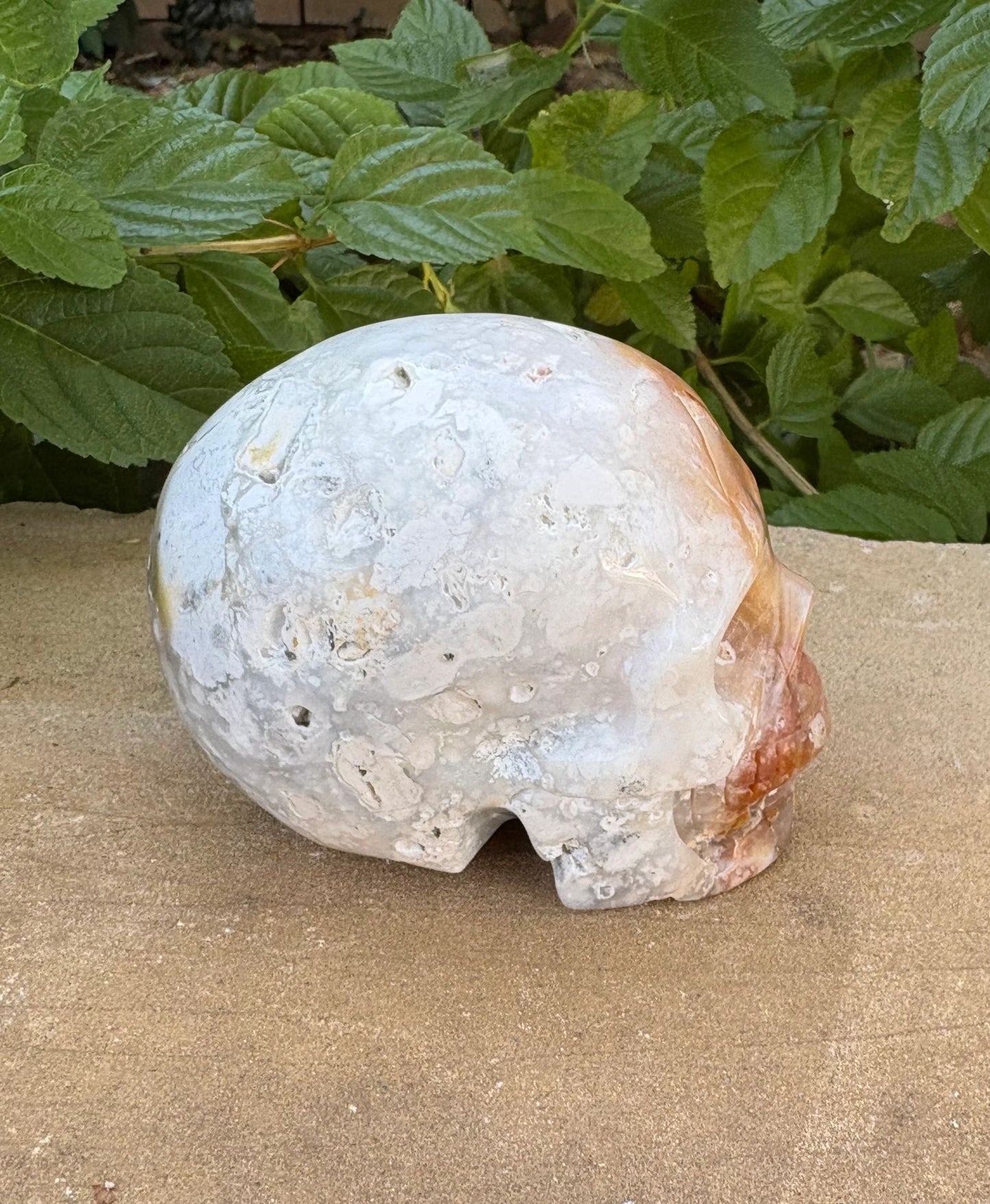 ⚡ 1.18 lb. Translucent Agate Skull with Fiery Streak – Uniquely Earthy & Fierce
