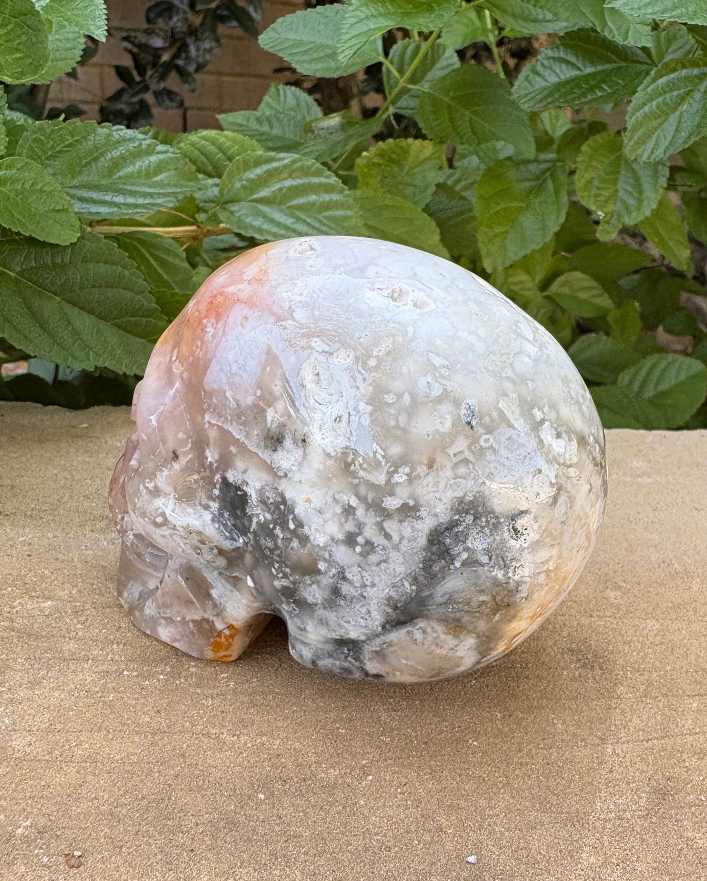 ⚡ 1.18 lb. Translucent Agate Skull with Fiery Streak – Uniquely Earthy & Fierce
