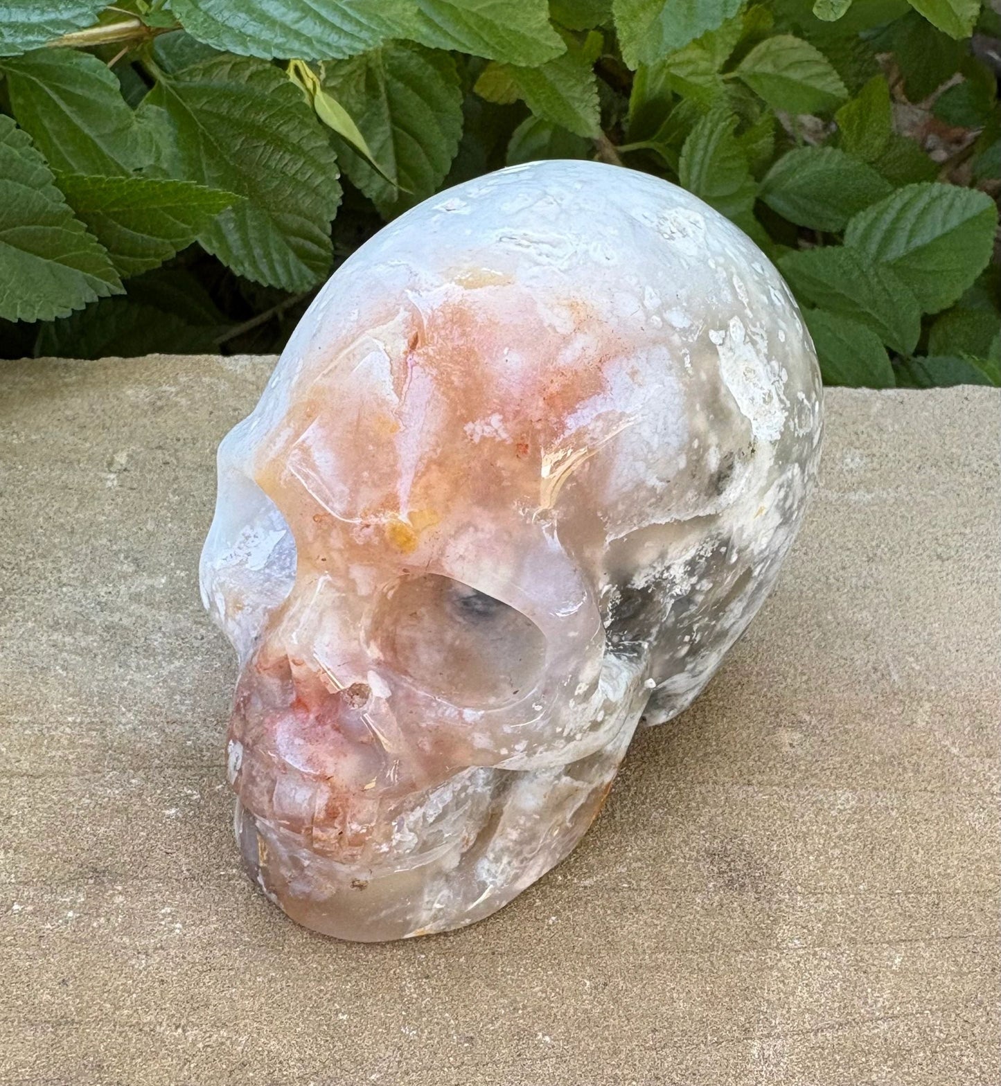 ⚡ 1.18 lb. Translucent Agate Skull with Fiery Streak – Uniquely Earthy & Fierce