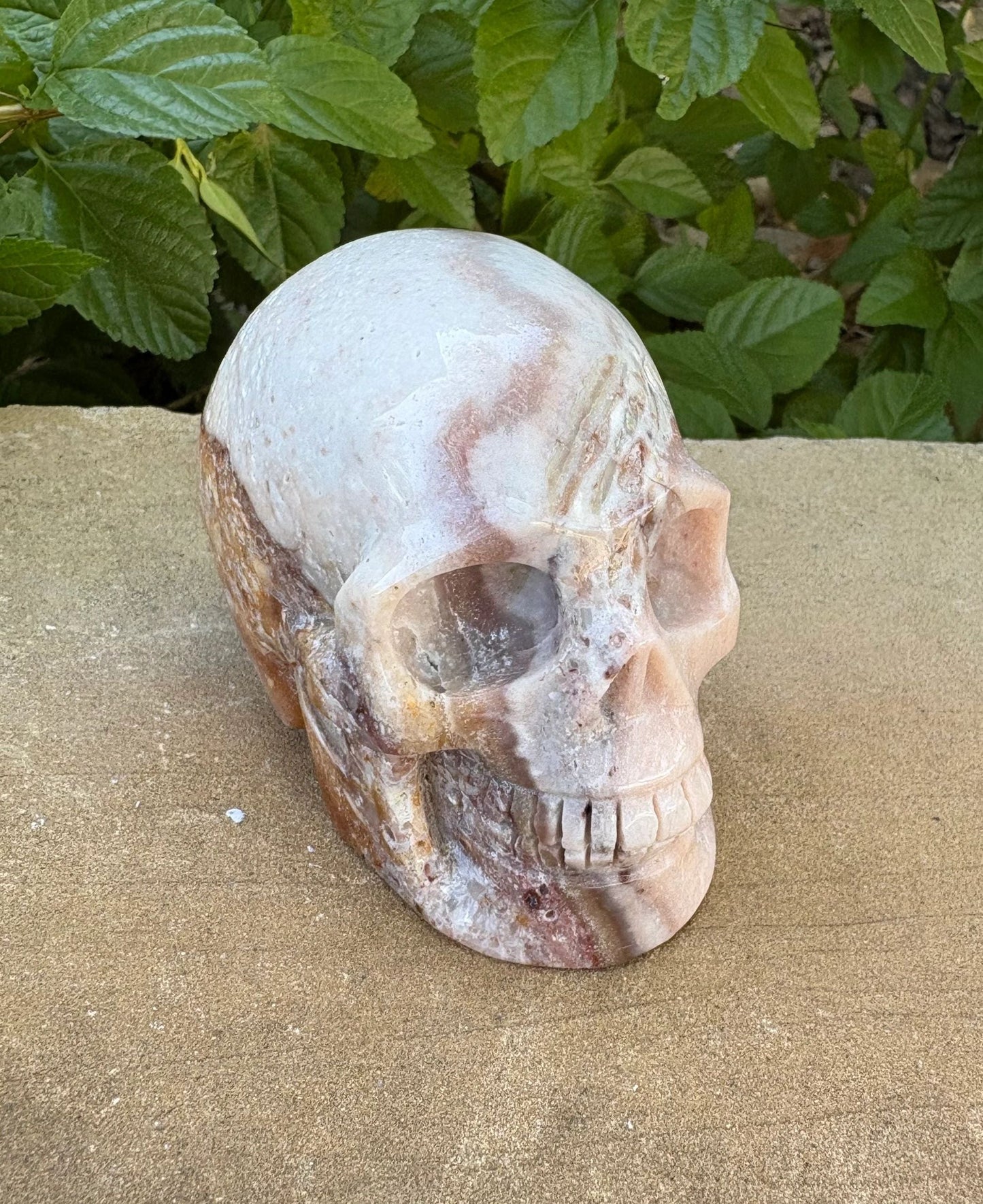 💀 Agate & Pink Calcite Skull – Balance, Compassion & Strength | Hand-Carved Crystal Skull Grounding | Love | Renewal