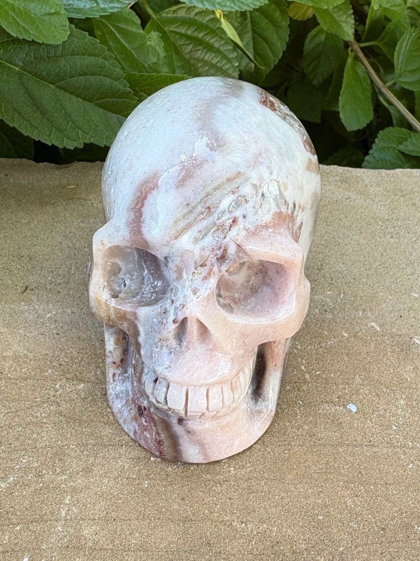 💀 Agate & Pink Calcite Skull – Balance, Compassion & Strength | Hand-Carved Crystal Skull Grounding | Love | Renewal