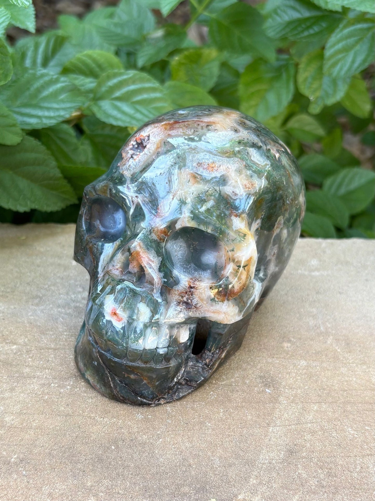🌿2.54 lbs. Dark Green Translucent Hollowed Moss Agate Skull – Growth, Renewal & Grounding