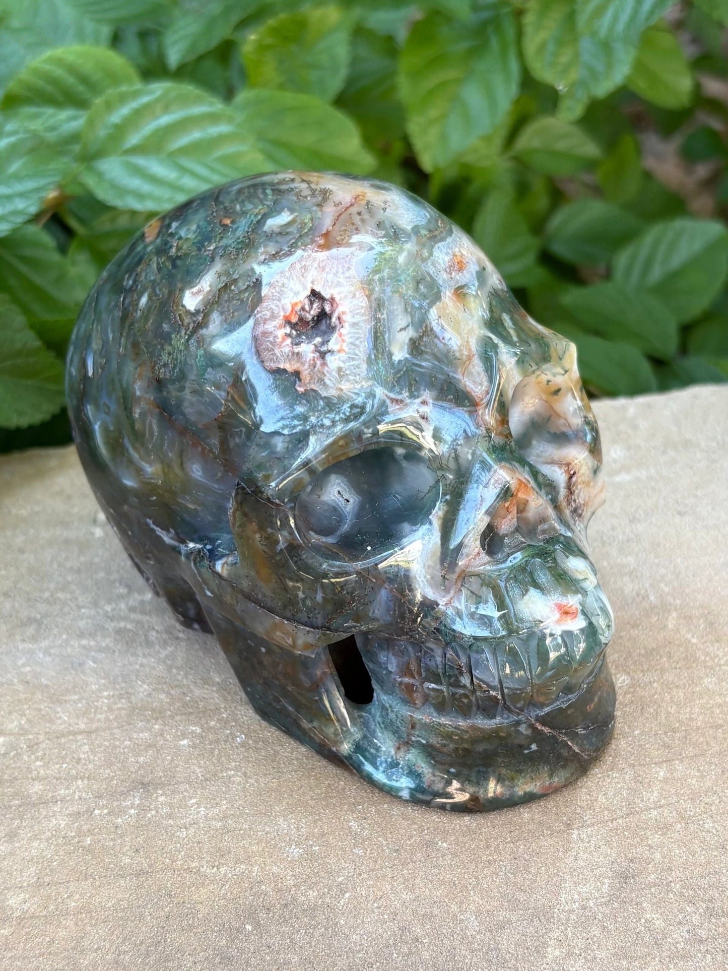 🌿2.54 lbs. Dark Green Translucent Hollowed Moss Agate Skull – Growth, Renewal & Grounding