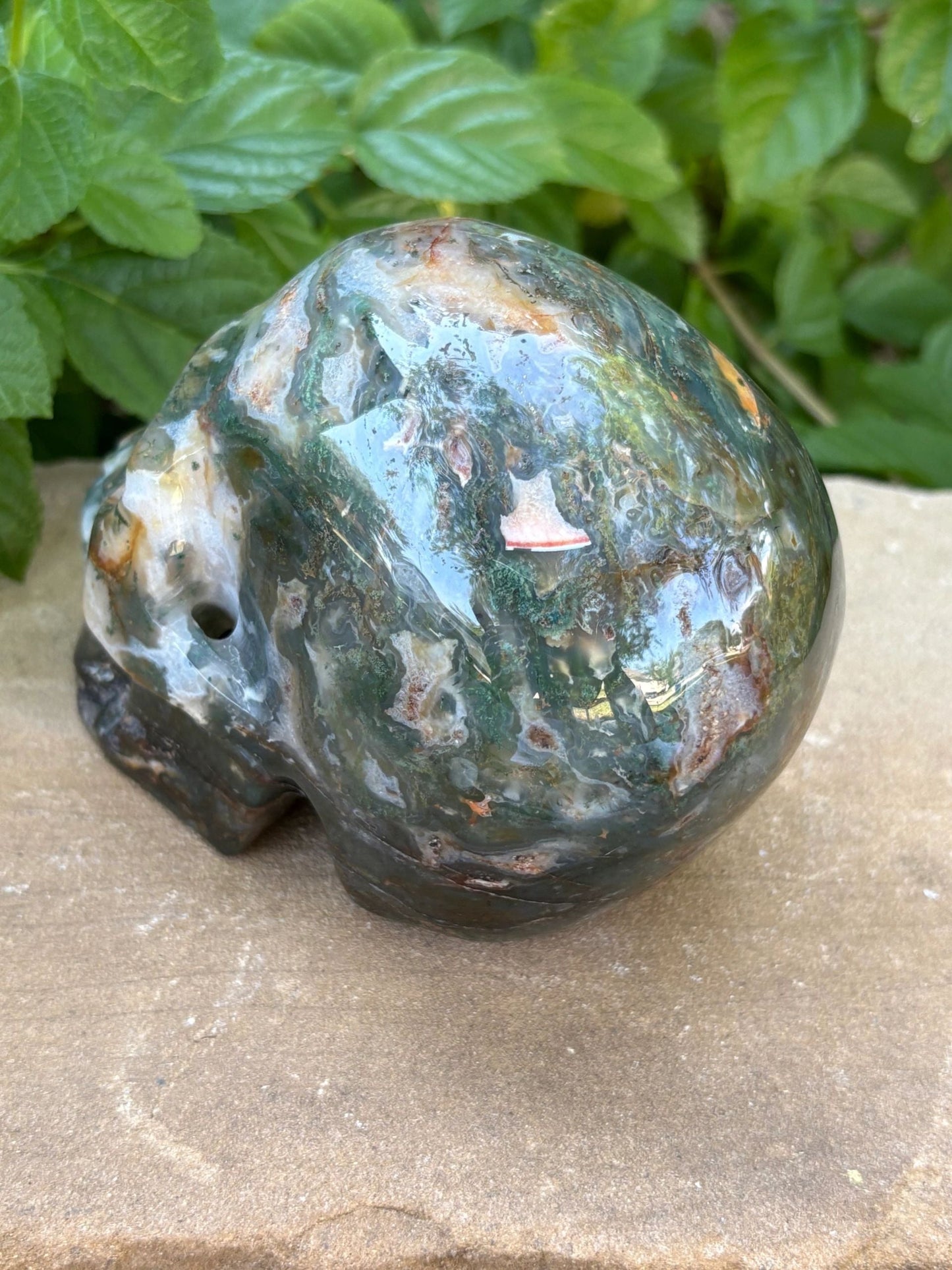 🌿2.54 lbs. Dark Green Translucent Hollowed Moss Agate Skull – Growth, Renewal & Grounding
