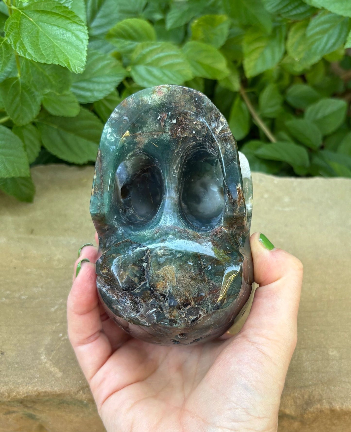 🌿2.54 lbs. Dark Green Translucent Hollowed Moss Agate Skull – Growth, Renewal & Grounding