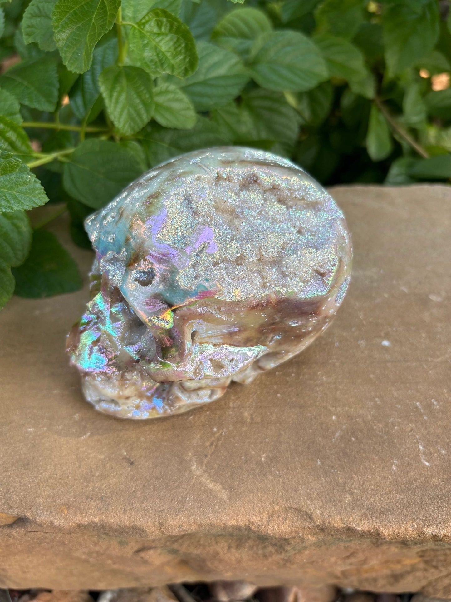 🌈 Titanium Aura Druzy Skull – Transformation, Protection & Rainbow Brain Power | 1.84 lbs.