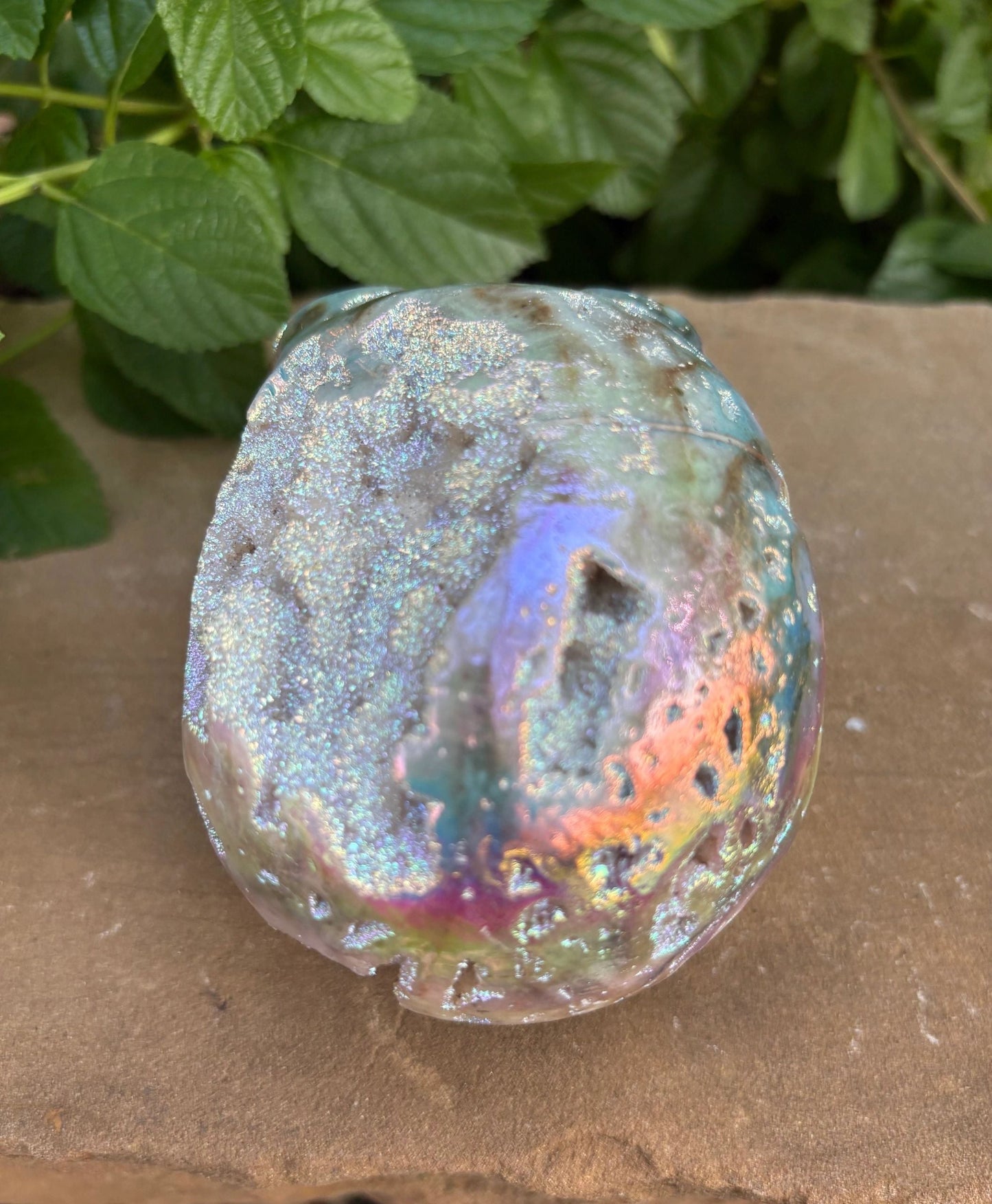 🌈 Titanium Aura Druzy Skull – Transformation, Protection & Rainbow Brain Power | 1.84 lbs.