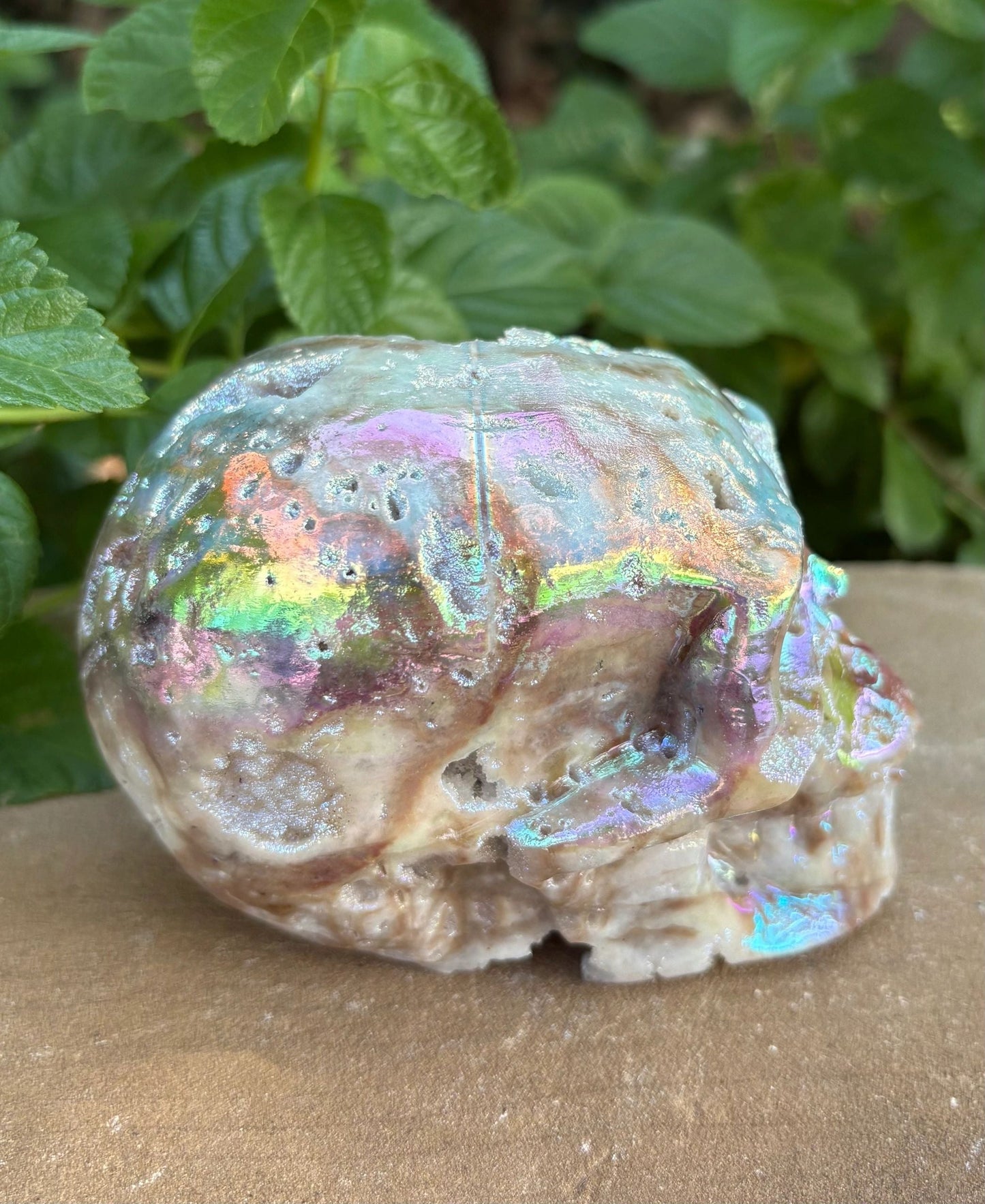 🌈 Titanium Aura Druzy Skull – Transformation, Protection & Rainbow Brain Power | 1.84 lbs.
